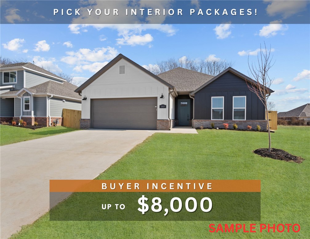 Fence, blinds and gutters included! Discover your dream home in the new neighborhood- Jacob's Crossing. Fredrick plan with 1 level, garage on the right & East facing! Pick your interior packages! 10 ft ceilings in the living room, linear electric fireplace, LVP flooring throughout the main living areas & primary bedroom, quartz countertops & more. Chef's kitchen boasting frigidaire stainless steel appliances, gas range, pantry, quartz countertops, bar pull handles, large island & gorgeous backsplash. Luxurious primary bedroom features abundant natural light, while the spa-like primary bathroom offers a walk-in shower, double sinks, tub & spacious walk-in closets. Additional features include three large secondary bedrooms and a separate laundry room. Nestled on a generous lot with covered patio that overlooks the serene sodded, fully fenced backyard, creating an exceptional living experience. Sturdy concrete siding & brick! Model home located at 3631 Tranquility St-Lot 1.