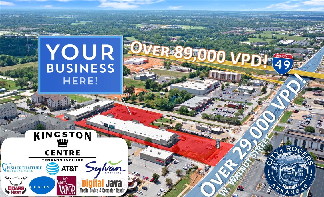 This is your opportunity to capture prime commercial space with unlimited potential in a thriving & popular strip center in a highly strategic location in one of the fastest growing market centers in the country, Rogers, Arkansas! Situated on one of the busiest roads in town, W. Walnut St., (+29K VPD) & close to an epicenter of local shopping activity; Kingston Centre offers a highly versatile location boasting abundant parking for all tenants & customers, great signage opportunities, as well as a large marquis sign on the property near the street that provides excellent marketing exposure for your growing business! Comprised of 3 contiguous suites, this rare offering is a well maintained & spacious 4,700 sqft gem, most recently used as a popular retail space, & features 3 HVAC Systems, 3 front & 2 back doors, & 2 bathrooms. The center is almost full, so the traffic flow & synergy offered to a new tenant is truly unparalleled! Space may also be divided and converted to get almost any business up & running quickly!