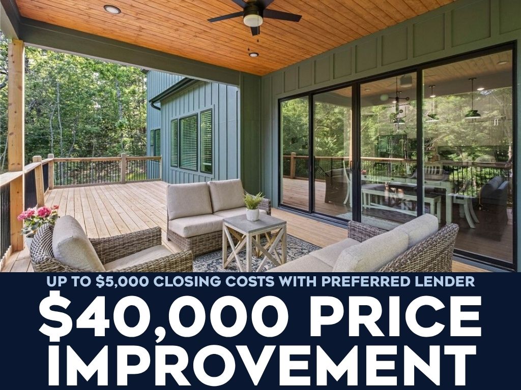 NEW $40K PRICE IMPROVEMENT on this stunning new-construction modern in Bella Vista — the heart of Northwest Arkansas' world-class mountain biking and outdoor scene. Minutes from the Back 40 and Little Sugar trail systems, Bella Vista's lakes and golf courses, and a short drive to downtown Bentonville, Coler Mountain Bike Preserve, and the Razorback Greenway. Clean lines, designer finishes, and expansive windows fill 3,647 sq ft with light. Open living anchored by two fireplaces, split-bedroom layout, quartz counters, walk-in closets, and a finished lower level. Seamless indoor-outdoor living with a large covered deck and lower patio overlooking the trees. Builder 1-year warranty, plus up to $5,000 closing cost credit with Preferred Lender for approved borrowers.