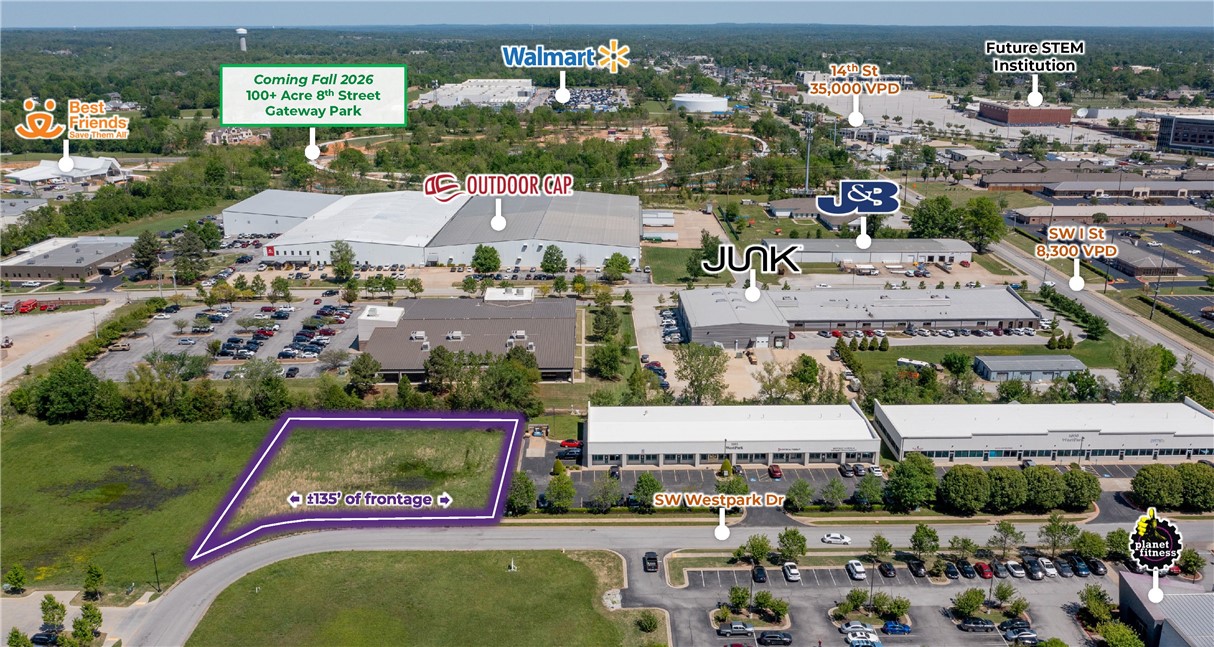 This site is flat, cleared, and ready for immediate development, with all utilities available. Ideally positioned just 0.6 miles from the future home of a new STEM education institution cultivating the next generation of innovators, builders, and entrepreneurs, and only 1.9 miles from the Walmart corporate campus. The property is within walking distance of Osage Park and the expansive new 100-acre 8th Street Gateway Park, offering abundant green space and recreational amenities nearby. The surrounding area boasts a strong roster of national retailers, including Walgreens, Walmart, Starbucks, Culver's, Wendy's, Raising Cane's, Whataburger, and Five Guys Burgers and Fries, among others, ensuring exceptional visibility and consumer traffic for any future development.