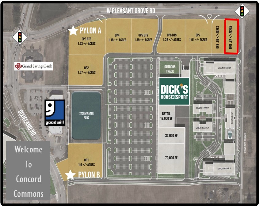 Concord Commons Development Out Parcel Tracts to be delivered at grade compacted and tested with utility infrastructure (water, sewer, gas, electric, regional stormwater) available for benefit of the tract. Civil Large Scale Plans available upon request. Tracts can be subdivided.