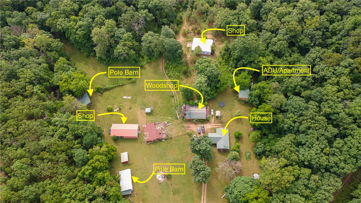 Discover an extraordinary opportunity to own approximately 40 acres of scenic countryside featuring two  creeks, abundant natural beauty, and a rare blend of residential, agricultural, and commercial-use potential. This one-of-a-kind property is highlighted by a former wooden toy factory, offering  possibilities for manufacturing, woodworking, art studio, or storage.The improvements include three workshops for equipment, business operations, hobbies. The primary home and a detached (ADU), creates options for multi-generational living, guest quarters or rental supplement. The combination of multiple structures and expansive acreage presents endless possibilities for entrepreneurs, hunters, hobby farmers, craftsmen, or those seeking a private rural retreat.Whether you're looking to establish a business headquarters, create a family compound, hobby farm or simply enjoy a remarkable country estate. OzarkGO Fiber internet. Rural water tap and a pristine well. Fenced and cross fenced. Pond.