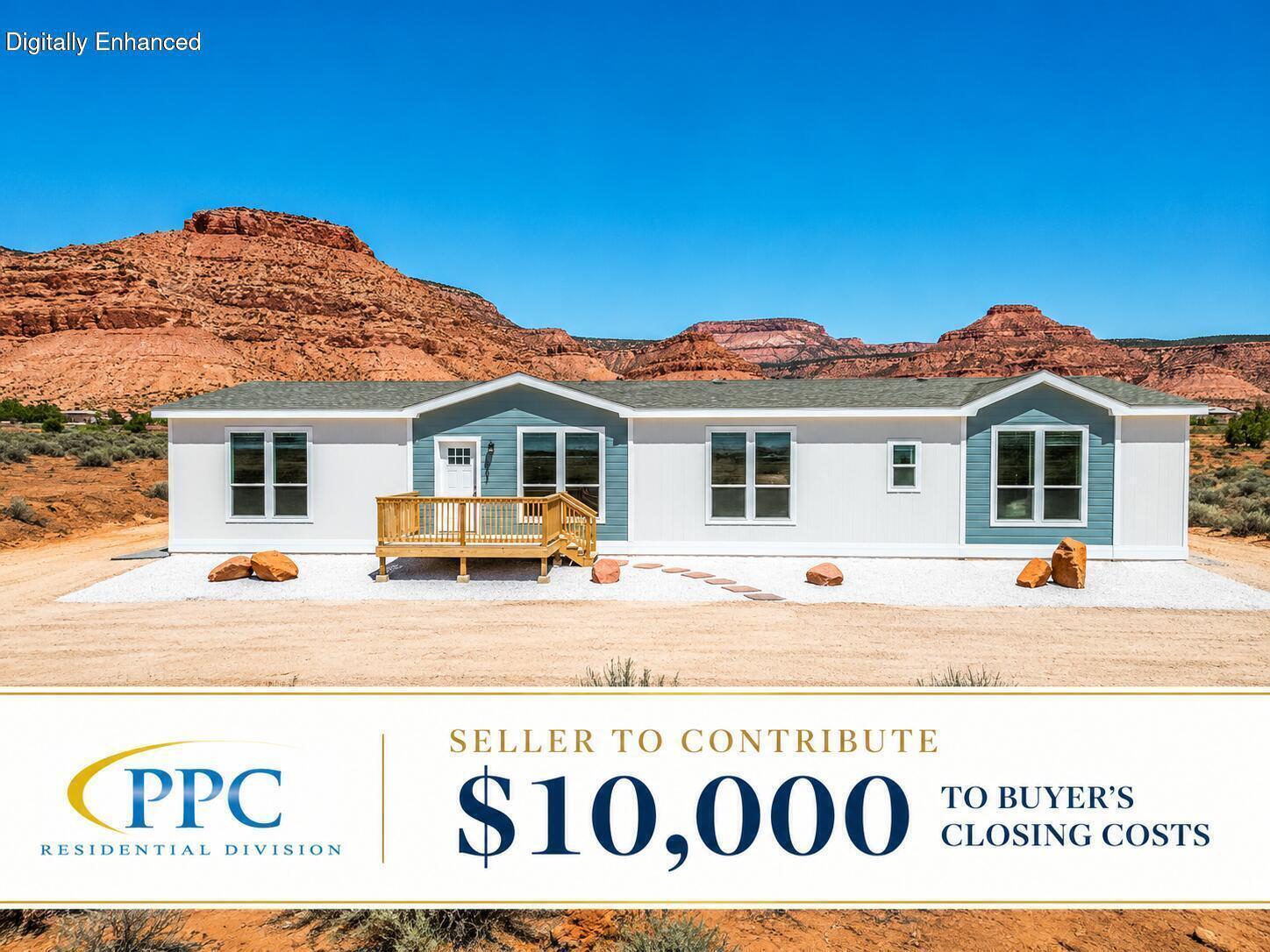 Set against breathtaking Southern Utah red rock views, this is anything but your average manufactured home in Kanab. COMMERCIALLY ZONED with excellent SHORT-TERM RENTAL potential, this one-of-a-kind property offers a rare combination of versatility, functionality, and location. Featuring 4 bedrooms, 3 bathrooms, and a spacious second living area, the thoughtfully designed 2,280 sq. ft. floor plan provides flexibility for full-time living, a vacation retreat, or an investment opportunity.

No expense was spared in the setup, from the professionally landscaped exterior to the perfectly designed circular driveway that creates an impressive sense of arrival. Inside, you'll find an open-concept living space, a spacious kitchen with a large island, abundant cabinetry, and a split-bedroom layout that offers added privacy. The second living room or flex space is perfect for a media room, home office, game room, or guest retreat.

Step outside and take it all in. Front and rear decks create multiple outdoor living spaces where you can enjoy the incredible 360-degree red rock and valley views that make this property truly special. The 1.02-acre lot offers plenty of room for future expansion, RVs, trailers, toys, and all your Southern Utah adventures.

Ideally located just minutes from Zion National Park, Bryce Canyon National Park, Lake Powell, and the Grand Canyon, you'll enjoy world-class hiking, boating, off-roading, and endless outdoor recreation right from your doorstep.

With over an acre of land, flexible zoning, and endless possibilities, this property is ready to fit a variety of lifestyles and investment goals. Buyer to verify all intended uses, short-term rental licensing requirements, zoning, and future development possibilities with Kanab City.

Square footage figures are provided as a courtesy estimate only and were obtained from builder plans. Buyer is advised to obtain an independent measurement. 

https://claytonbuckeyeharmony.com/