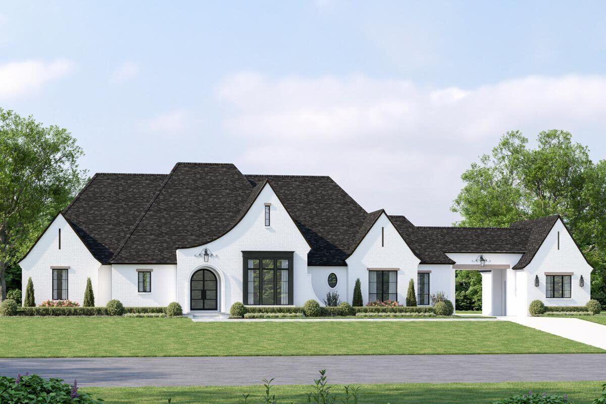 Welcome to this stunning modern French country house plan designed to capture the essence of timeless elegance and contemporary living. This exquisite home features a beautiful blend of traditional and modern elements, with its steeply pitched rooflines and sleek modern look. The main level boasts an open-concept floor plan, perfect for entertaining guests or relaxing with loved ones. The grand foyer leads to the spacious great room, where a fireplace and a wall of windows create a warm and inviting ambiance. The gourmet kitchen is a chef's dream, with its large island, walk-in pantry, ample storage space and a gorgeous dining area. The main level master suite is a private oasis, complete with a luxurious spa bath and a spacious walk-in closet. On the main level, you will also find two additional bedrooms, each with its own private bath and a an office or craft room as well. Upstairs features a versatile bonus room that can be used as a playroom, media room, or home gym. The home also features a covered patio, perfect for outdoor dining or relaxing, and a porte cochere that leads to a three-car garage. This modern French country house plan is truly a masterpiece, offering a perfect blend of style, functionality and luxury.
Buyer to verify all information, deemed reliable, however buyer to verify all info including HOA and utilities where applicable.
Garage may need to be modified from plans to 3 car to fit on lot.