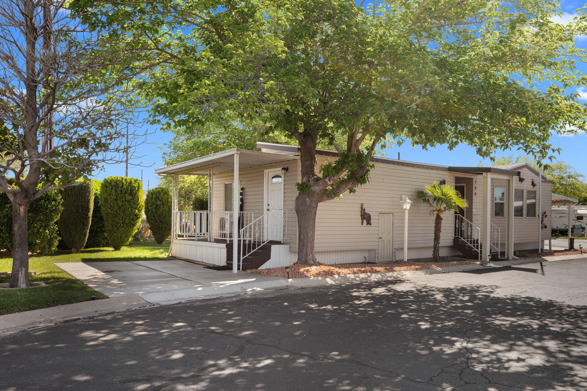 Well-maintained 1 bed, 1 bath home located in the desirable 55+ community of Palms of St. George. This single-level property offers comfortable living with an open layout, covered deck, and attached carport parking.  Private location from the rest tucked back in the corner with yard space to enjoy. Enjoy access to community amenities including clubhouse, pool, and common area maintenance, all included in the HOA. Conveniently located near shopping, dining, and medical services in the heart of St. George. Low-maintenance living at an affordable price--perfect for full-time residence or seasonal use.