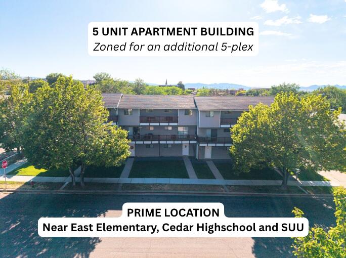 Investment Opportunity in the Heart of Cedar City! Exceptional 5-unit apartment complex ideally located in the center of town, directly across from East Elementary and just minutes from Southern Utah University and Cedar High School, offering strong rental appeal and convenience. Each thoughtfully designed unit features 2 bedrooms, 1.5 bathrooms, and a unique 3-level layout with a 2-car garage on the main level, living spaces on the second level, and bedrooms with a full bathroom on the upper level. Quality construction shines throughout with 14'' TJI floor systems and two fully insulated walls between units, providing exceptional sound reduction and privacy. Each unit includes a welcoming mudroom entry, electric baseboard heat, washer and dryer conveniently located near the bedrooms, a dedicated laundry cabinet with hanging bar, and additional storage tucked beneath the garage staircase. Enjoy outdoor living with decks on both upper levels, plus ample uncovered parking in addition to each unit's private 2-car garage.

Rare opportunity for future expansion with potential to add 5 additional units on the property (buyer to verify all zoning, density, and development possibilities). Whether expanding your investment portfolio or pursuing a value-add opportunity, this property offers strong income potential in a highly desirable location near schools, university amenities, and everyday conveniences.