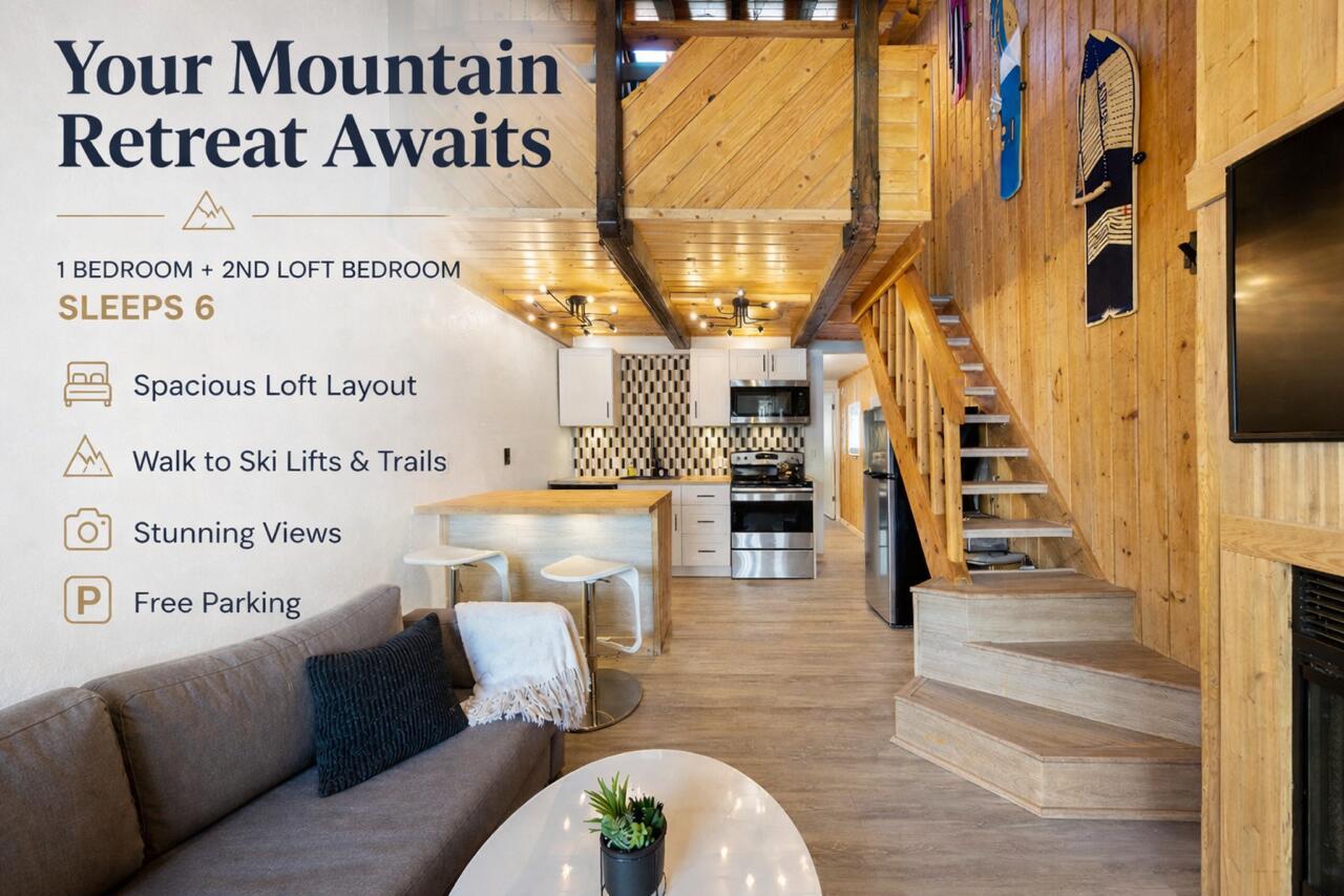 Mountain views, across from main lodge, EVERYTHING newly renovated & high income - this condo has everything! Recent updates include cabinets, counters, flooring, appliances, high efficiency heaters & electrical, smart mirror, designer finishes. Layout has primary suite on main level incl. full kitchen, living room w/ fireplace & full bathroom. The upstairs suite has a double bunk bed (sleeping 3), half bath. Location & features of this condo make this ideal for personal use with privacy for guests, or as income property, sleeping a total of 6. Already a favorite accommodation on AirBnB, the family can start using AND earning income right now in this turn-key professionally designed property. (Personal items excluded). Walking distance to amenities such as ski lodge, shopping, & lake.