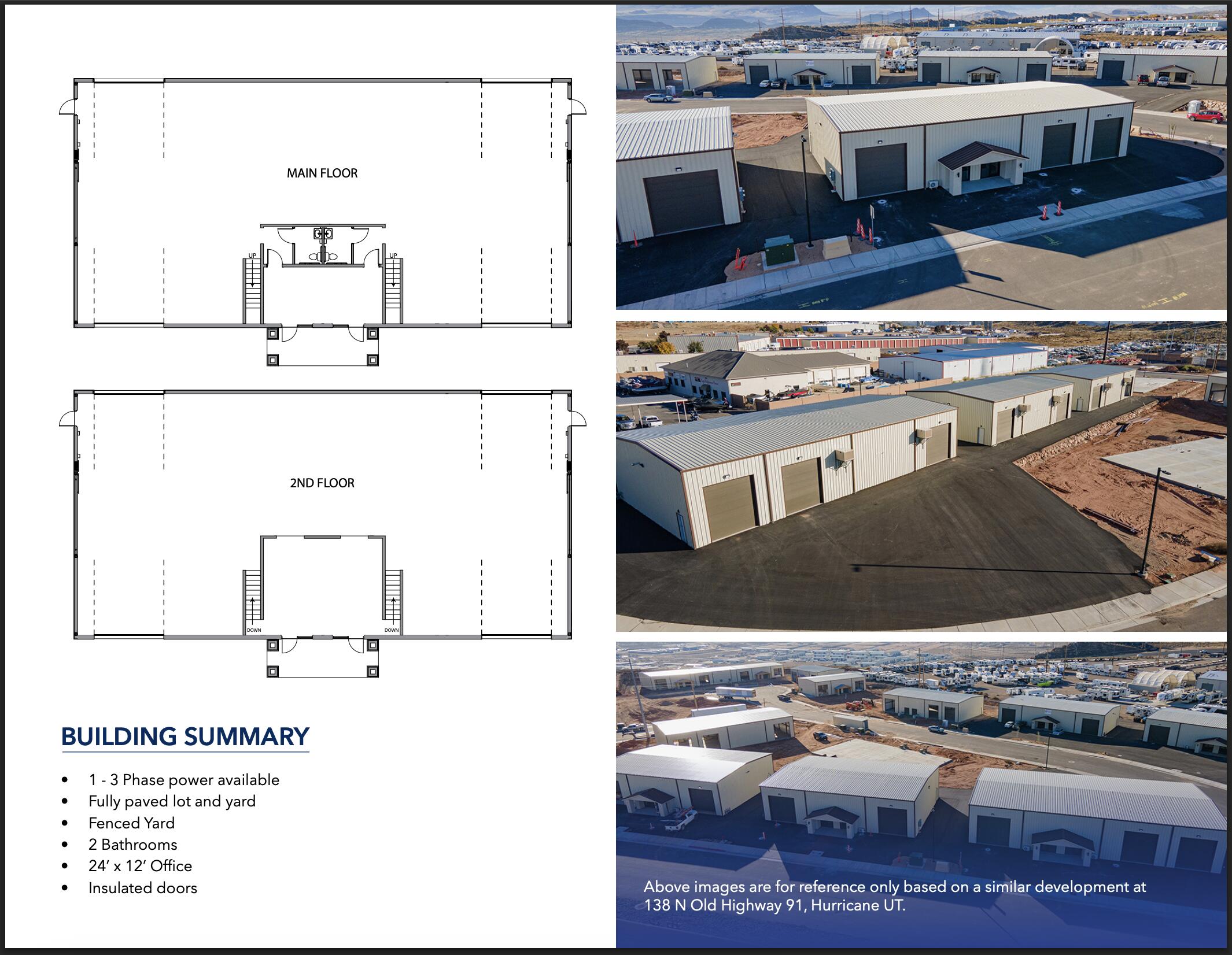Building 3 is now available (to be built)! Silverwood Industrial Park offers 20 brand-new industrial units for lease or sale along Old Highway 91 in the Leeds/Hurricane industrial corridor -- one of the most active distribution and logistics zones in Southern Utah. Units are available in 5,000 SF and 10,000 SF configurations on lots ranging from 0.37 to 0.62+ acres, with M-1 zoning suited to a wide range of industrial users.
Select units enjoy prime I-15 frontage - offering exceptional visibility and a built-in advertising advantage for your business. Every unit is fully climate-controlled throughout and includes a mezzanine level ideal for additional storage or conversion into a second office or conference space. Buyers also have the option to add a loading dock at an additional cost. Each unit features 1-3 phase power, two bathrooms, a 24' × 12' private office, insulated overhead doors, and a fully landscaped and fenced yard - with no CAM fees. Built in 2026 with immediate I-15 and SR-9 access. Neighboring tenants include Walmart Distribution, FedEx Ground, and Orgill.
These units are first-come, first-served - don't wait.
