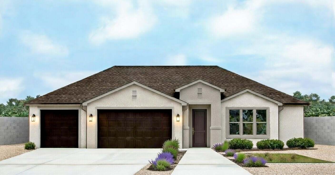 To-be-built home currently under construction featuring the Carabella floor plan with a Spanish-style elevation. This single-level home is 1,800 sq ft with 3 bedrooms, 2 bathrooms, and a 3-car garage. The primary suite includes dual vanities with quartz counters, walk-in shower, separate toilet room, and linen closet. The kitchen features stainless steel LG appliances, shaker-style cabinets, quartz countertops, a single-bowl stainless sink, and white brick-set backsplash. Black Moen fixtures and black hardware throughout. LVP flooring in main areas, carpet in bedrooms and closets, and tile in the laundry. Xeriscaped front yard with palm trees and artificial turf. Side yard allows space for potential RV parking. Located in Hurricane near reservoirs, golf courses, and Grandpa's Pond.