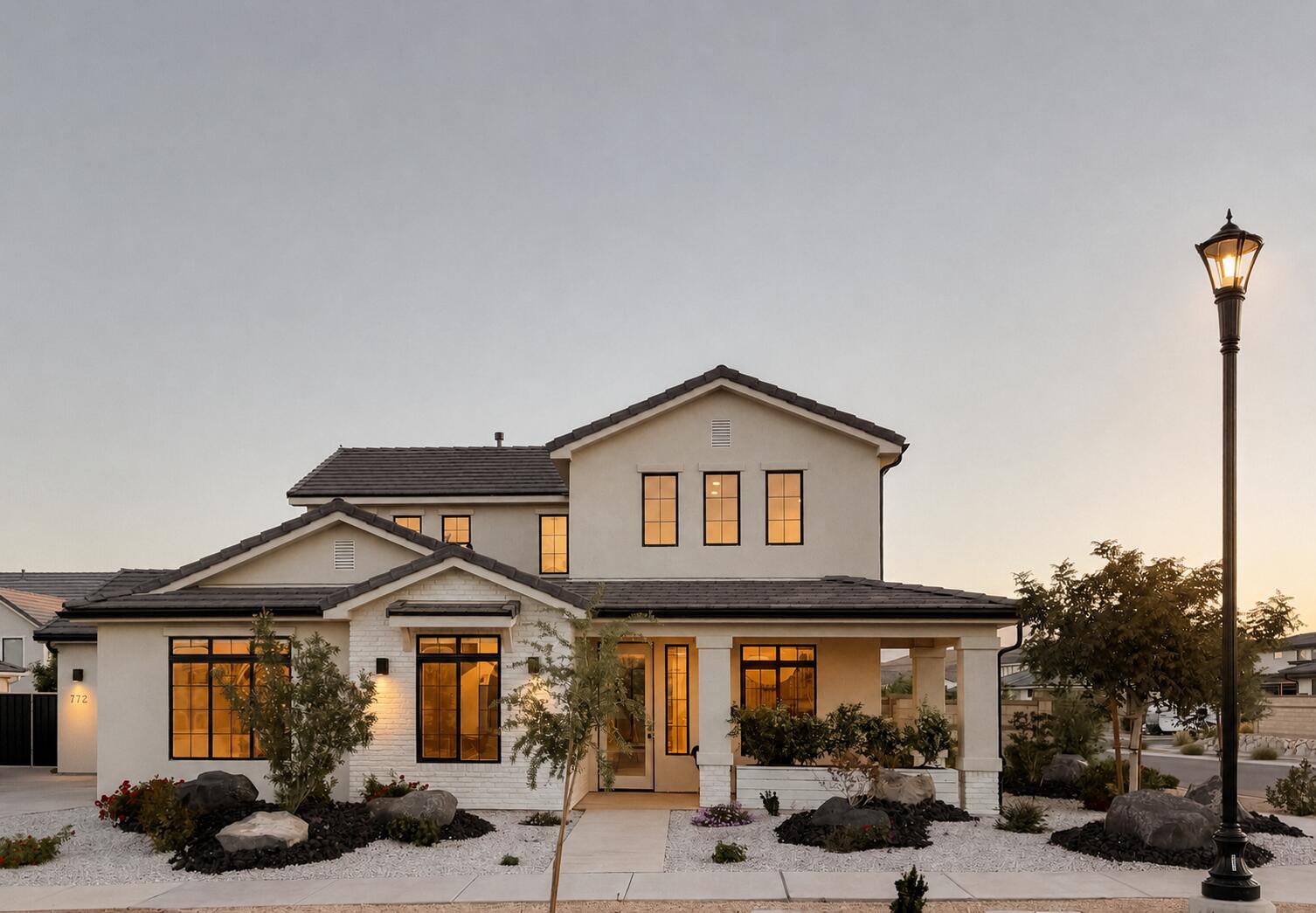A modern desert showpiece reimagined by designer Emily Barnas...772 W Rust Bluff Dr is a stunning blend of light, texture, and intentional minimalism. This 4-bedroom, 2.5-bathroom home spans 2,978 square feet across two levels. Step inside to soaring 20-foot ceilings, wide-plank floors, and sunlight streaming through high accent windows. The kitchen features contemporary brushed nickel finishes and a Fisher & Paykel refrigerator integrated to match the custom white oak shelving and cabinets... while a moving glass wall system fully opens to connect the indoor and outdoor living spaces. Located within Desert Color, the home includes access to amenities including the 2.5-acre crystalline lagoon, resort-style pools and spas, fitness centers, pickleball courts, parks, the highly desired K-5th Freedom Prep Academy, trails, and dining just moments away. At 772 W Rust Bluff Dr, every detail feels thoughtfully designed. Listing information is provided as a courtesy, buyer is advised to confirm.