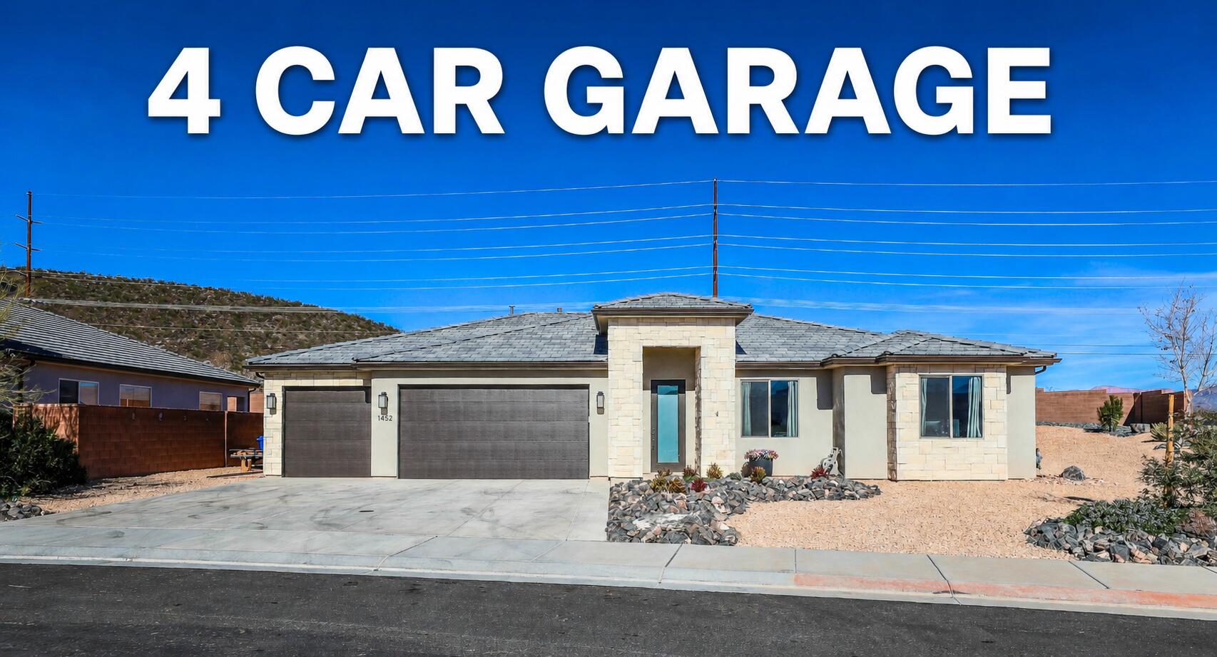 Barely lived in and beautifully maintained, this Painted Sands home offers 4 bedrooms, 2 baths, and a spacious 4-car garage w/shelving and 220--perfect for vehicles, storage, or toys. Enjoy quartz countertops throughout, soft-close cabinetry, and upgraded flooring. Nestled on a large corner lot with a private backyard, this home features a great floor plan and so much more to love.  Easy access only minutes away from St. George.