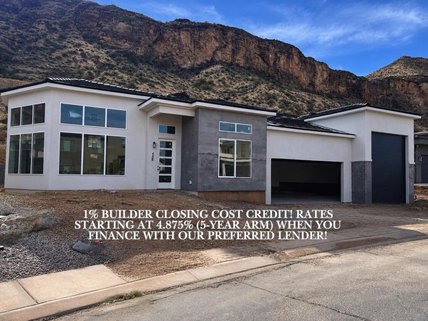 Welcome to Sunset View Estates! With gorgeous views of Pine Valley Mountain and only a short drive to Zion National Park, this subdivision is nestled in the heart of outdoor recreation. This home offers the perfect opportunity to live in your own dream retreat, with no HOA! RV garage is 15 feet wide and 51 feet deep with a door that is 12x14.
1% Builder Closing Cost Credit! Rates Starting at 4.875% (5-Year ARM) When You Finance with Our Preferred Lender!