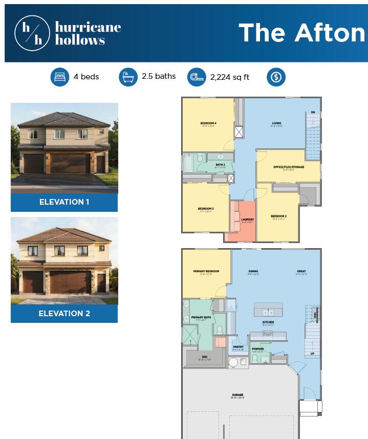 The AFTON Plan is a 4 bed 2.5 bath plus loft and a 3 car garage home offering the perfect balance of comfort and functionality.  The community is Located near schools, parks and everyday conveniences. You're approx. 40 minutes from Zion National Park, 10 minutes from Jellystone water Park and Sand Hollow State Park.  These homes are designed with efficiency in mind so this community features smaller lots sizes, meaning lower property taxes and less maintenance while still offering community space for kids.