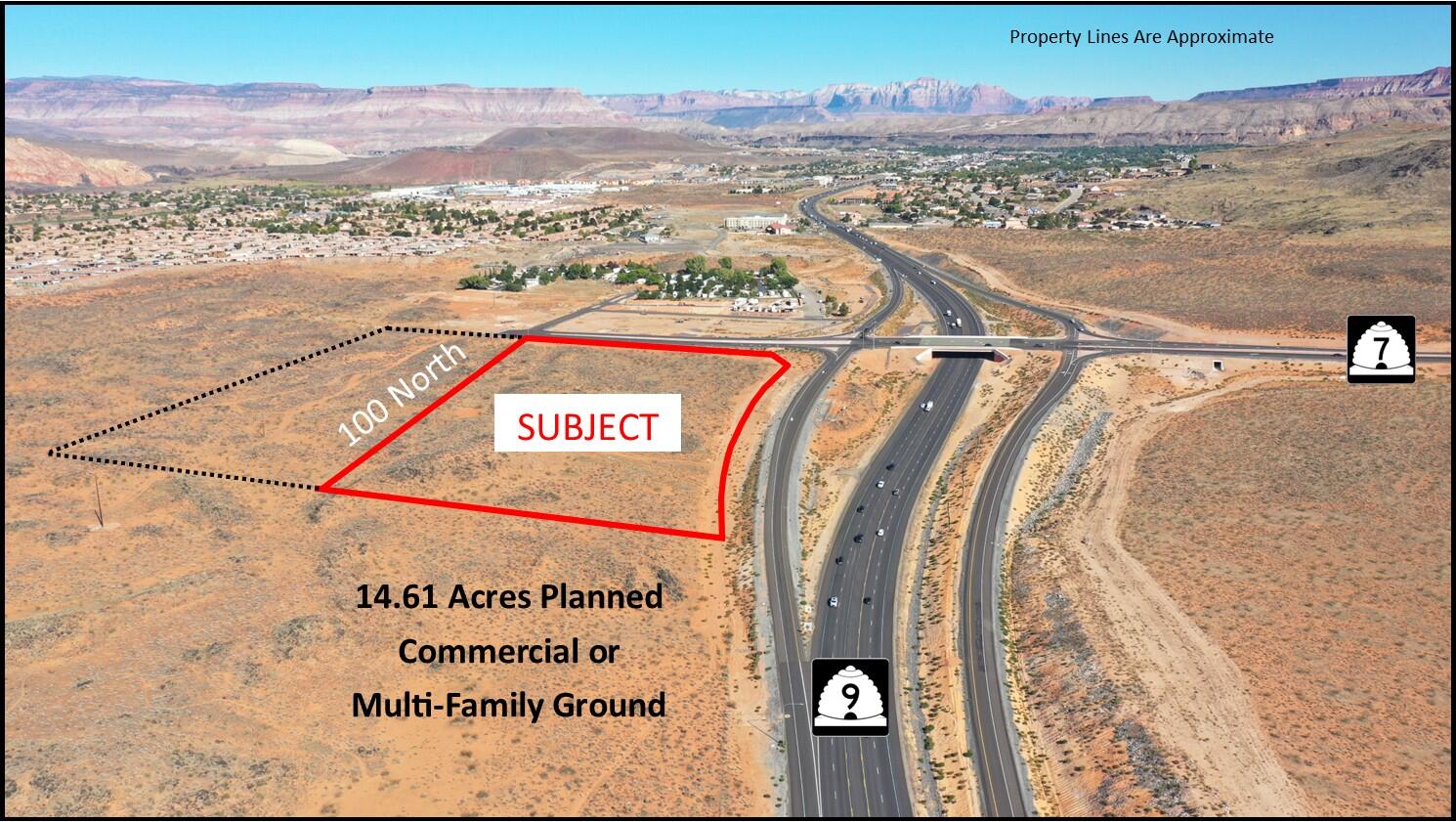 Approx. 14.61 acres zoned Planned Commercial ground or multi-family residential.  High visibility, located on SR-9 and intersection of SR-7. Adjacent to the newly completed 2800 W by-pass to 600 North corridor. See ''Documents''. Near Walmart. High exposure and easy on/off highway access. SR-7 is Southern Parkway that runs adjacent to Sand Hollow Reservoir, STG Airport, and connects to I-15 at Exit 2. Annual Average Daily Traffic count at SR-9 is 44,000 vehicles/day. Lot split from parcel H-3-1-31-1101.  Taxes are prorated estimate.  Adjacent 9.34 acre parcel available MLS 25-258514.