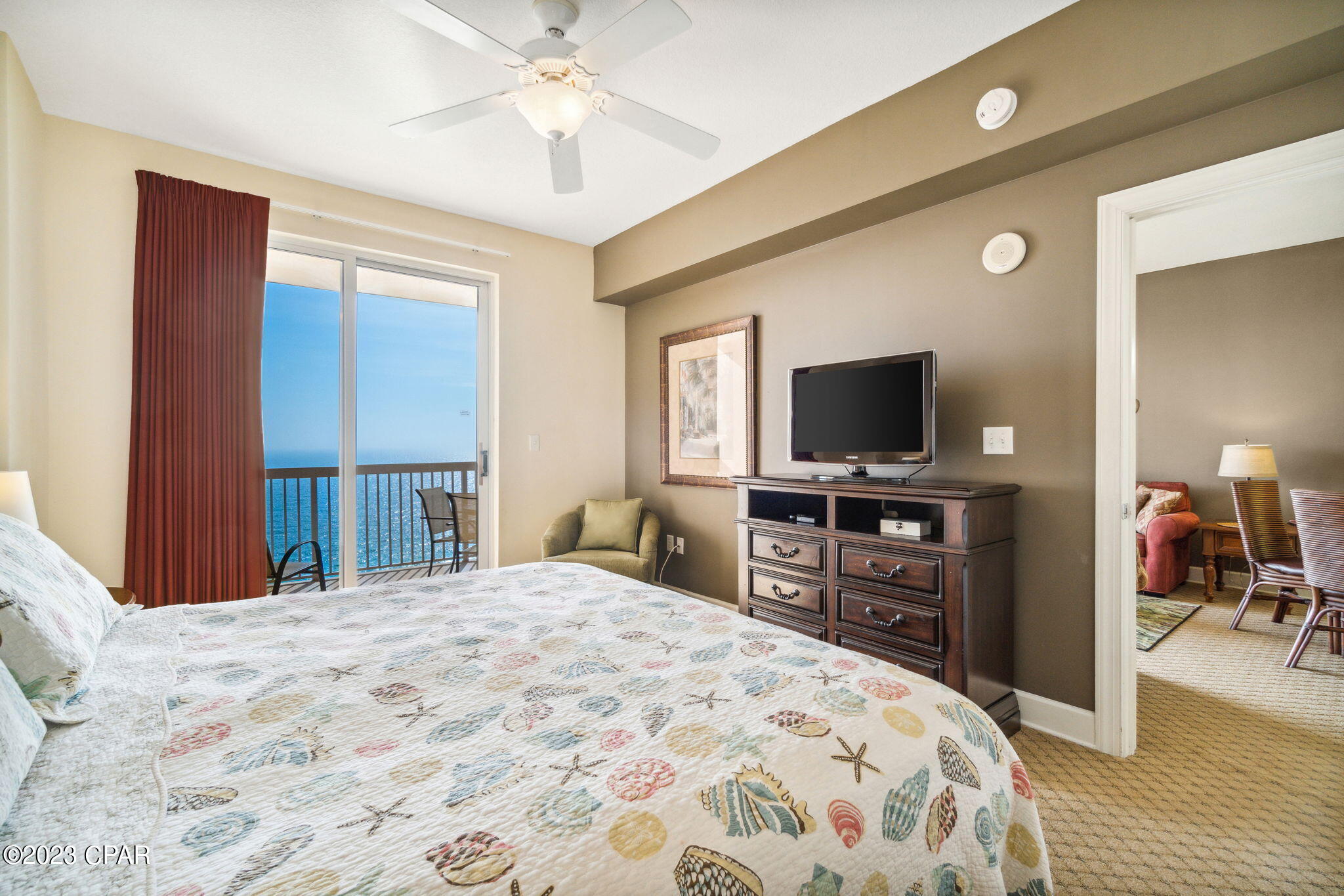Sunrise Beach features a large Sun Deck, a Splash Pad for the kids, two Pools one of which is heated, a Hot Tub, Exercise Room with a view of the Gulf, a Meeting Room, and a multi-tiered parking built into the complex. Coming in 2023 a Concession Stand will be added to the Meeting Room. Sunrise Beach is minutes away from M.B. Miller County Pier, Russell-Fields Pier, Pier Park, Aaron Bessant Park and Frank Brown Park. This unit features a Gulf-side Bedroom, somewhat of a rarity for a one bedroom unit on Panama City Beach! The unit also boasts a true Bunk Room, a smart thermostat, dehumidifier, and a Balcony that can be accessed via the Living Room, the Gulf-side Primary Bedroom and is approximately 170 square feet. The views from the Gulf-side Balcony are excellent!