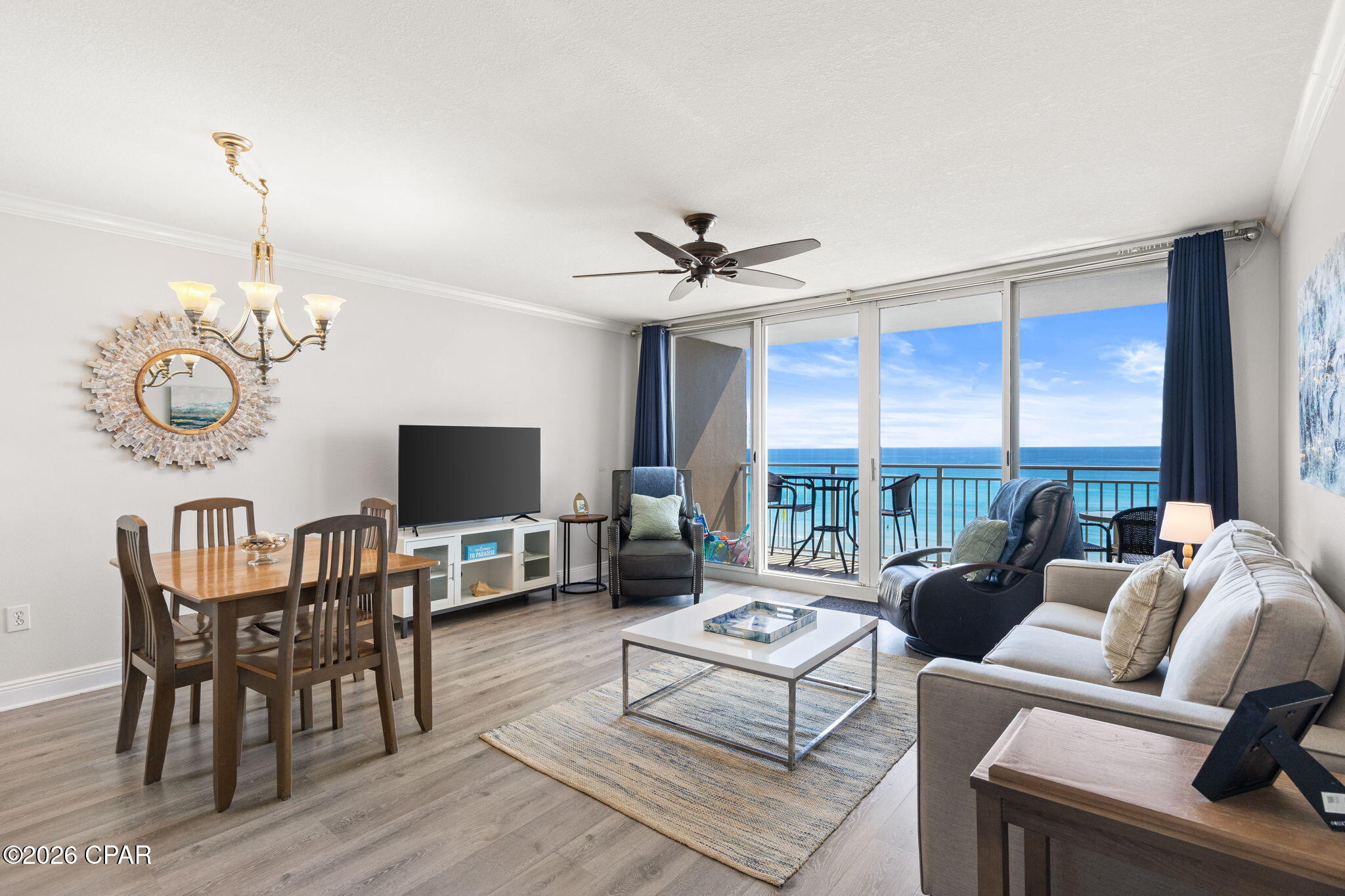 Emerald Beach Resort 529 For Sale - This low floor getaway in popular Panama City Beach promises breathtaking beach scenes and sunset views. Step inside to a bright, refreshed interior where crisp white walls, elegant crown molding, and luxury plank flooring through the main living areas create a clean, coastal backdrop. Modern furnishings and thoughtfully chosen beach-inspired décor give the condo an inviting Gulf-front feel, blending comfort with a stylish sense of place. Relax on the private balcony where warm salty breezes invite you to unwind and breathe. A ''just like home'' kitchen with breakfast bar and dining area welcomes. The king bedroom offers a cozy retreat with soft carpet underfoot, making it the perfect spot to unwind after a sun-filled day on the sand. The full bathroom features a shower/tub combo with hall bunk beds right outside so kid friendly, and there is a handy stackable laundry. The condo is safety-equipped with a leak detection system, fire extinguisher and sprinklers for extra peace of mind. The resort itself is a destination, offering unparalleled amenities. Take a dip in the beachfront pool and hot tub, grab a drink at the tiki bar, or stroll the boardwalk to the sand for time at the water. The unique SkyBar bridges the amenity building and condo tower, serving cocktails while hosting daily events. Enjoy on-site conveniences like Starbucks, Sunsations Beach Shop and the SkyBar Snack Bar serving pizza, burgers, ice cream, and offering a refrigerated section with grab and go items. There is a fitness center and beach yoga is on the resort activities calendar. The kids have their own area with swim and splash pools, snack bar, gaming room, and activities center. Grown-ups can hang out in the shade, grill some hotdogs, or float the day away while the kids play nearby. The resort is a walkable location giving you easy access to a retail center and FunLand Arcade across the street, and must-visit restaurants on either side; Runaway Island and Senior Frogs. Pet lovers will appreciate the nearby Pier Park dog beach. Panama City Beach is a vibrant destination buzzing with new attractions like Top Golf and Dolly Parton's Pirates Voyage Dinner Show. This resort is approved for both short-term rental and VA lending so is designed for the coastal lifestyle you've always imagined! Reach out today for a Cost To Own Estimate to see how much rental income offsets ownership costs.