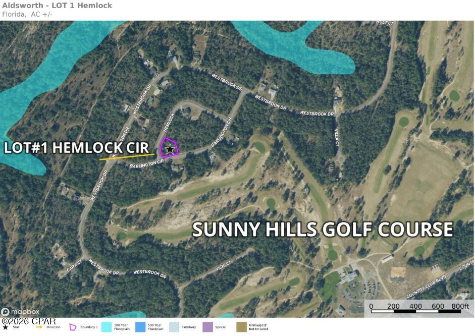 LOCATION, LOCATION, LOCATION!!!! Build your dream home on this exceptional 0.432-acre corner lot in the desirable Sunny Hills community! Ideally situated at Lot 1 Hemlock Circle, this oversized homesite is located directly across from the beautiful Sunny Hills Golf Course and surrounded by well-maintained, established homes, offering the perfect setting for your custom residence.

With nearly half an acre of space, this premium corner lot provides ample room for a spacious home, outdoor living areas, and more while enjoying the peaceful atmosphere of this sought-after neighborhood. Whether you're looking to build now or invest for the future, this property offers outstanding potential.

Power and public water are available at the street (buyer to verify availability and connection requirements). Enjoy the charm of golf course living without the premium golf-front price, all while being conveniently located within easy driving distance of Panama City, the world's most beautiful beaches, and numerous outdoor recreational opportunities.

Don't miss this rare opportunity to own one of the area's premier oversized building lots in the growing Sunny Hills community!