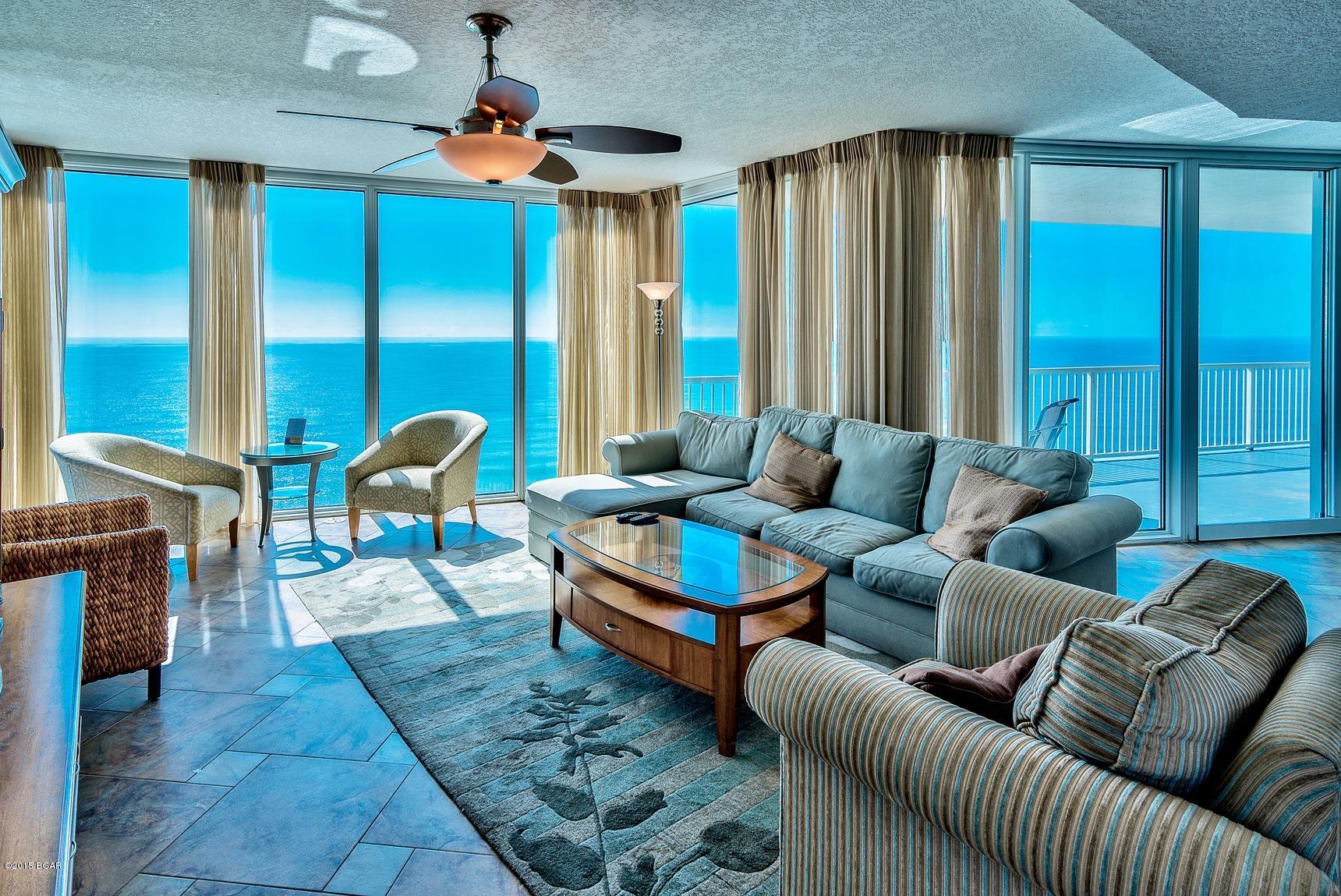 Have you been waiting for an updated corner unit at Palazzo with breathtaking views? Unit #1501 is an incredible 3-bedroom, 3-bath, Gulf front East corner unit that is being sold fully furnished and beautifully decorated with flat screen TVs. The entire corner as well as the front of the unit is nothing but floor to ceiling glass that maximize the views for a tremendous wow factor as you enter! The glass is high quality & UV tinted. Enjoy the spacious 229 ft. balcony with access from both the living area & master bedroom. Interior features an open floor plan totaling ~1,849 sq. ft., 9 ft. raised ceilings and crown molding. Beautiful custom tile floors extend throughout the main living area, kitchen, entry and master bath. Pride of ownership is apparent and the unit is very well maintained. This unit is one of the best locations among the East corner units as it is a high enough floor to clear the neighboring property, lending unobstructed Gulf views throughout the living & dining area and kitchen. The open kitchen features thick granite countertops & breakfast bar, stainless steel appliances, cherry wood cabinets and recessed lighting. There is a pantry for additional storage. The kitchen is open to the dining & living area, making this an ideal entertainment space. The dining area seats six or enjoy casual dining at the granite breakfast bar. 

The master bedroom is Gulf front with stunning views of the Gulf of Mexico by the surrounding floor to ceiling windows. There is direct access to the balcony, a walk-in closet and an en-suite bathroom to enjoy. The master bathroom features a double vanity, Whirlpool tub to relax in and separate walk-in shower. The master suite is separate from the guest bedrooms for privacy. There are two guest bedrooms, one with an en-suite bathroom with Gulf views. The additional guest bedroom is quite spacious with two full beds. This unit sleeps 8-10 guests and has a full size washer/dryer closet with storage and an owner's closet. This is currently an income producing rental unit with Best Beach Getaways. 

Palazzo amenities include a beautiful elevated Gulf front pool deck with a covered hot tub and pool heated seasonally to enjoy year round. There is a boardwalk and designated beach with complimentary beach service (Mar-Oct). Amenities also include a Gulf front fitness facility & conference room and a welcoming lobby. At Palazzo, you are on the desirable West End of Panama City Beach, just 1 mile from Pier Park shopping center and less than 20 minutes from the Panama City Beach International Airport. Unlike the competition, Palazzo is a low-density building consisting of only 129 direct Gulf Front units and has four levels of covered Gulf Front parking under the building - no need for massive parking garages with elevated walkways across the street. Do not miss out on this incredible opportunity to own a beautiful corner unit at one of the finest condominiums in Panama City Beach. Unit #1501 truly is the perfect second home, full-time residence or vacation rental and will not last long!