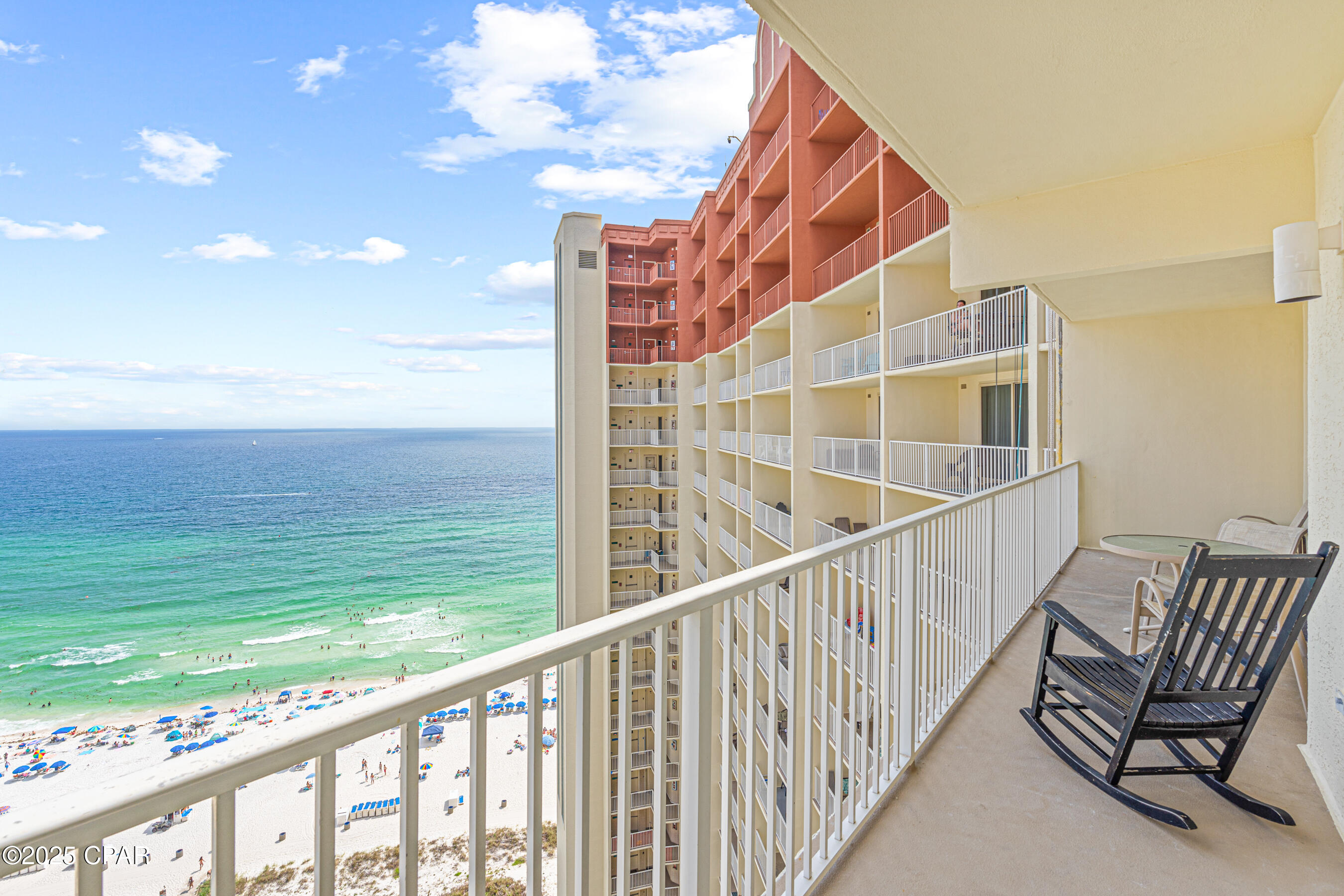 Don't miss this beautifully maintained 2BR/2BA condo located on the 19th floor of the sought-after Shores of Panama resort. Ideally situated in the center section of the building, this unit offers unobstructed southern-facing views directly over the resort's lagoon-style pool and the sparkling waters of the Gulf. 

Enjoy a spacious open floor plan, private balcony and tile flooring throughout the main living areas. The kitchen features granite countertops, modern appliances, and a convenient layout perfect for entertaining. Both bedrooms, the primary and second bedroom featuring bunk beds, have full, private bathrooms, both have closets, and exterior windows. The bedroom with bunks offers guests full privacy behind a closed door. And the unit conveys with a full sized washer and dryer.