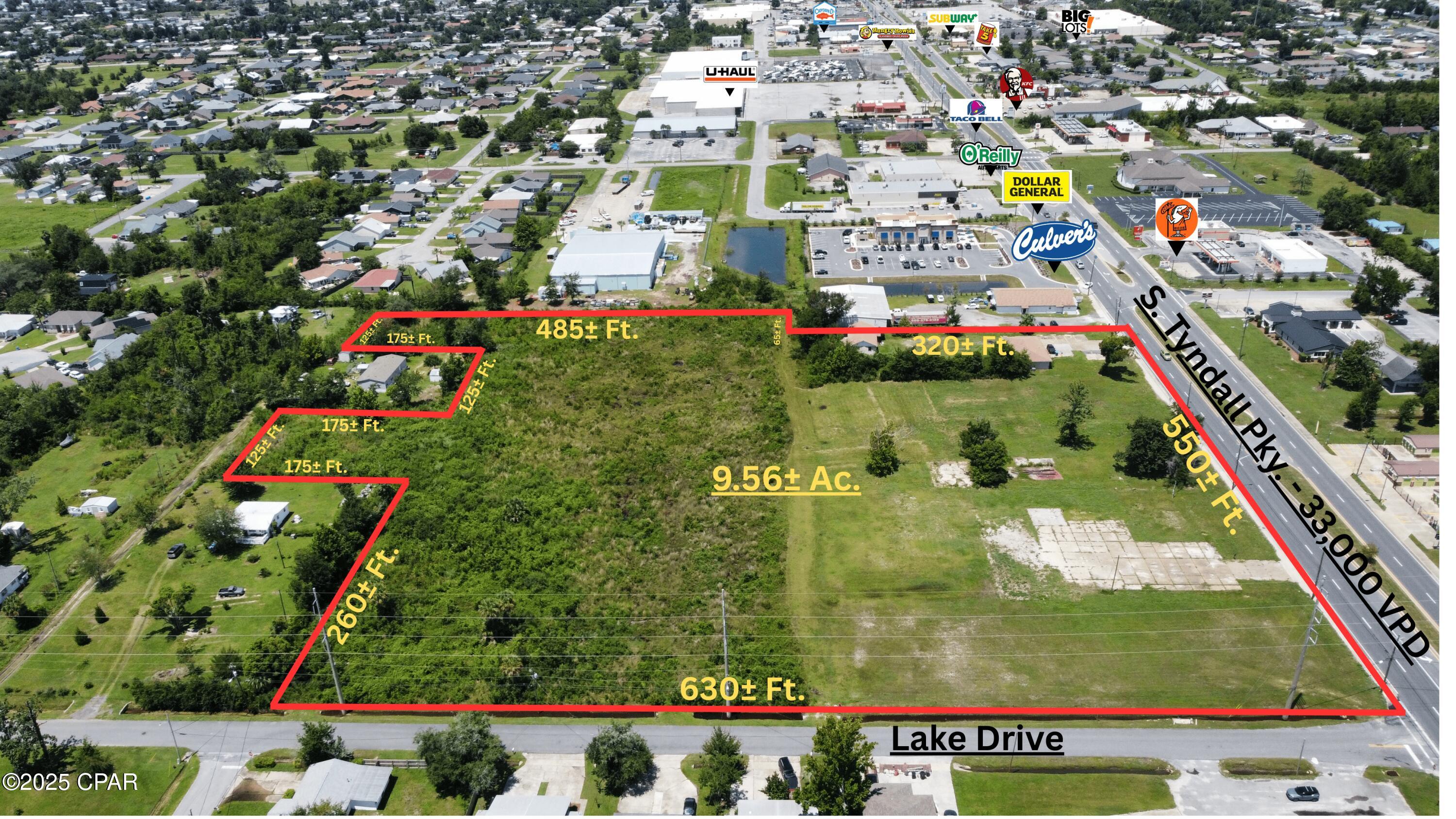 Prime Commercial property on Tyndall Parkway strategically located 2± miles North of Tyndall Air Force Base, Bay County's largest employer. The 9.5± acre site has 550± feet  of frontage on Tyndall Parkway and 630± feet of frontage on Lake Drive in the City of Parker, Florida. The Tyndall Parkway corridor is experiencing a renaissance since Hurricane Michael in 2018, including the development of Culvers, Dollar General, and Little Caesars located just North of the site. This is a hard to find development opportunity on the East side of the vibrant Panama City market area, with great visibility, high  traffic counts, and easy access.