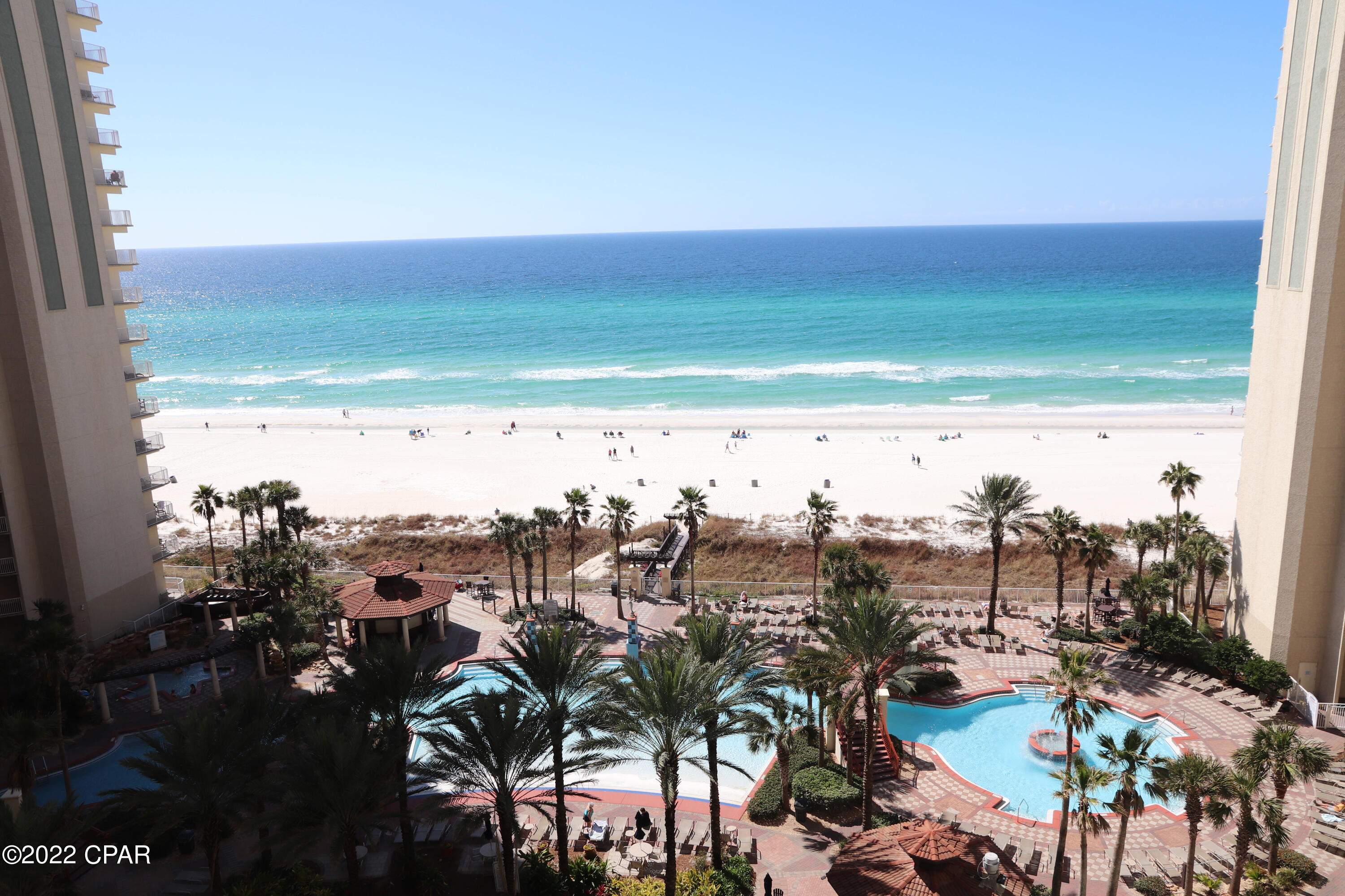 CURRENTLY UNDER CONTRACT, SELLER WILL CONSIDER BACKUP OFFERS..... RENTAL MACHINE OVER $40k in 2022!!  10TH FLOOR CONDO INCLUDES 10TH FLOOR PARKING SPACE. Park and walk directly over to your condo. Flooring has been updated, no carpet. This is the popular ''C'' plan in Shores of Panama with the GULF FRONT MASTER BEDROOM and living room. HUGE BALCONY.  Seller is adding a barn door to the bunk room to make it a 2bd (bunkroom will have a door, a closet and a window, making it a 2nd bedroom)