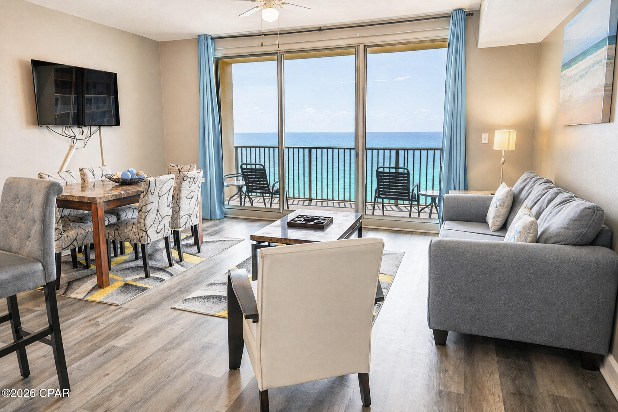 Welcome to Shores of Panama in beautiful Panama City Beach. This Gulf front 2-bedroom condo with additional hall bunks includes a highly sought-after assigned parking space and offers west-facing sunset views. From the private balcony, enjoy a direct overlook of the signature lagoon-style zero-entry pool surrounded by tropical landscaping, bridges, hot tub, and the iconic dolphin fountains.
Inside, the condo has been recently painted and updated with durable vinyl plank flooring throughout. The open kitchen features granite countertops, a breakfast bar, and a pantry for extra storage. With 2 bedrooms, hallway bunk beds, and a sleeper sofa, this unit comfortably accommodates guests and is ideal for rental income or personal use. The floor plan includes three full bathrooms, providing added convenience for owners and guests.
Resort amenities include the expansive outdoor pool area, two poolside tiki bars and a grill, an indoor pool and hot tub, a well-equipped fitness center, and an outdoor grilling/picnic area.
Renovations to the building exterior are currently underway.