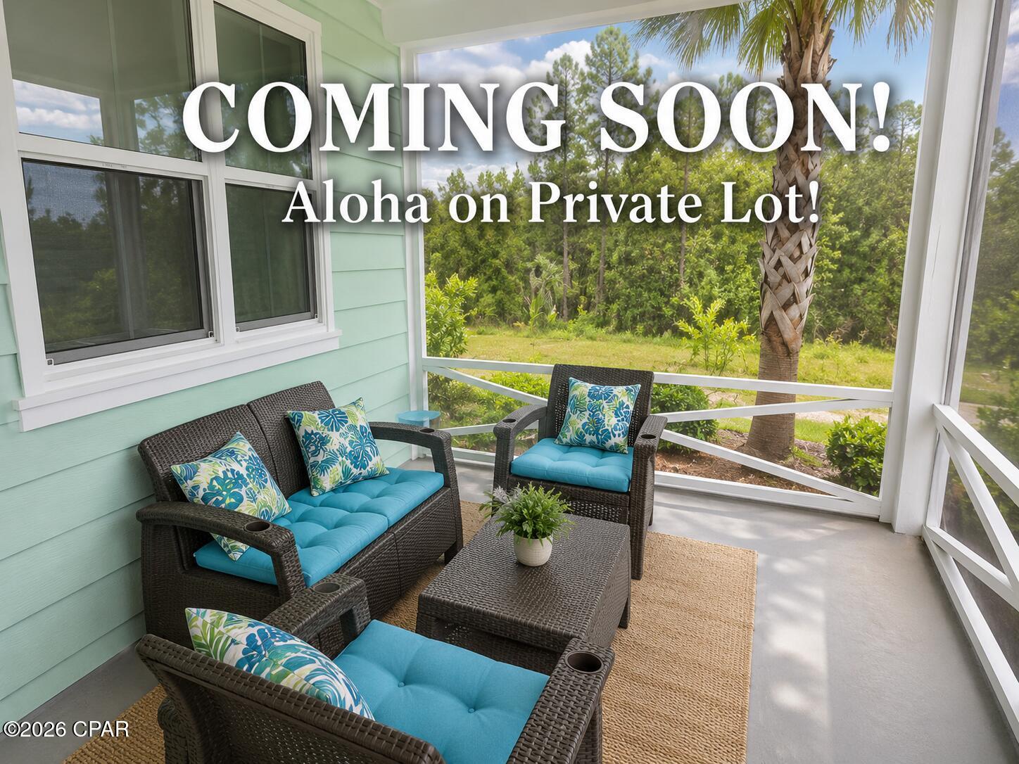 COMING SOON - NO SHOWINGS. Amazing Aloha Floor Plan on Awesome Private Lot! 

Experience coastal-inspired living in this beautifully maintained Aloha Cottage located in Latitude Margaritaville Watersound. Featuring two bedrooms plus a versatile den, this popular floor plan offers flexible living space and an open-concept design that blends comfort, functionality, and style. 

The standout feature of this home is its exceptional location. Situated with preserve space on both sides, it offers a level of privacy rarely found among cottage homes and creates a peaceful setting surrounded by natural beauty. Enjoy morning coffee or evening relaxation from the screened porch while taking in the tranquil preserve views. 

Inside, the spacious great room features vaulted ceilings and abundant natural light since you can keep the blinds open and still maintain privacy. The kitchen features a large center island, quartz countertops, upgraded cabinets, tile backsplash, and ample workspace for cooking and entertaining. A dedicated dining area provides the perfect setting for gatherings. The primary suite includes a generous walk-in closet, an ensuite bath with dual vanities, and a tiled walk-in shower. On the other side of the home, the guest bedroom and full bath provide spacious accommodations. The den offers endless possibilities as a home office, hobby room, media room, or additional guest space. Quality finishes throughout include Mohawk RevWood flooring in the main living areas, tile in wet areas, custom ceiling fans, and thoughtful design upgrades. 

Beyond the home, residents enjoy access to an impressive collection of resort-style amenities, including a waterfront pool, restaurant, fitness center, indoor lap pool, spa, pickleball and tennis courts, kayaking, bocce ball, cornhole, live entertainment, and a full calendar of social activities. Additional shopping, dining, medical, and marina offerings are planned for the surrounding area, adding even more convenience and lifestyle opportunities. 

Located just minutes from the Emerald Coast's renowned white-sand beaches, this home combines a private preserve setting with easy access to everything the area has to offer. HOA-maintained lawn care and scheduled exterior maintenance provide a low-maintenance lifestyle, allowing more time to enjoy the community and coastal surroundings. 

Opportunities to own an Aloha Cottage with this level of privacy are uncommon. Come discover what makes this homesite one of the most desirable cottage locations in the Active 55+ community of Latitude Margaritaville Watersound!