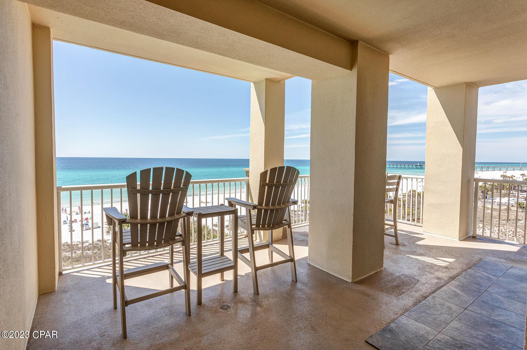Beautifully renovated in soft watercolors, new living room furniture, new built in bunks with barn doors, custom plantation shutters throughout, new kitchen backsplash, new stove, Master bath shower & tub remodeled new porcelain plank flooring. new HVAC and hot water heater. Porch furniture is all new on one of the largest balconies in the complex.Storage room on forth floor. Strong rentals