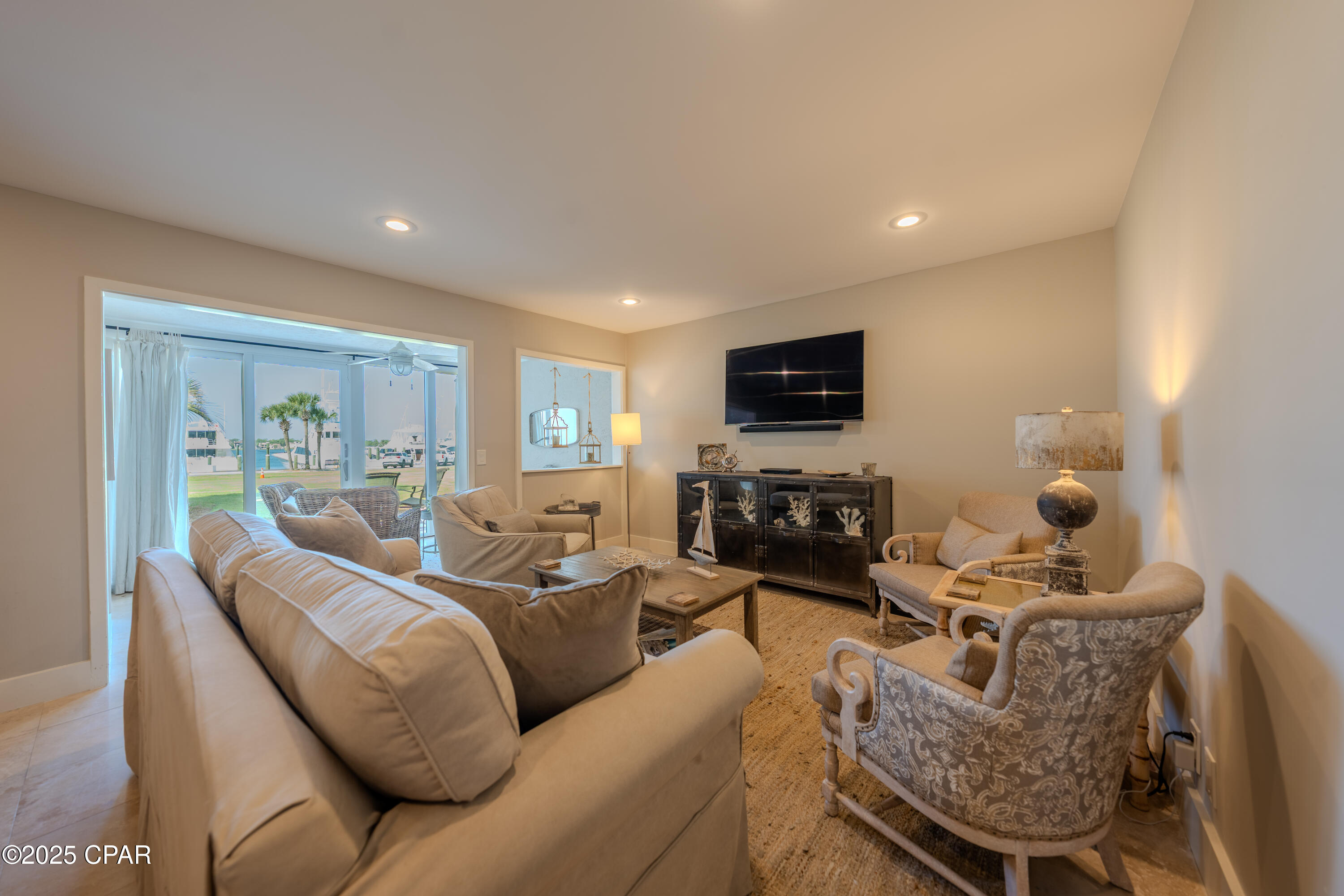 Bay Point Harbour Villa ground floor waterfront condo.  The freshly finished paver lanai offers the perfect outdoor area to sit and boat watch at the Point South marina.  This 1 bedroom, 2 bath, plus bunk room is in turn key condition.  Tile floors throughout with updated granite counter tops.  Harbour Villas has replaced all the windows, doors, and roof and has the lowest hoa fees of any condo.  Bay Point is a gated community with deep water marina, Nicklaus Golf Course, and multiple restaurants within the subdivision.