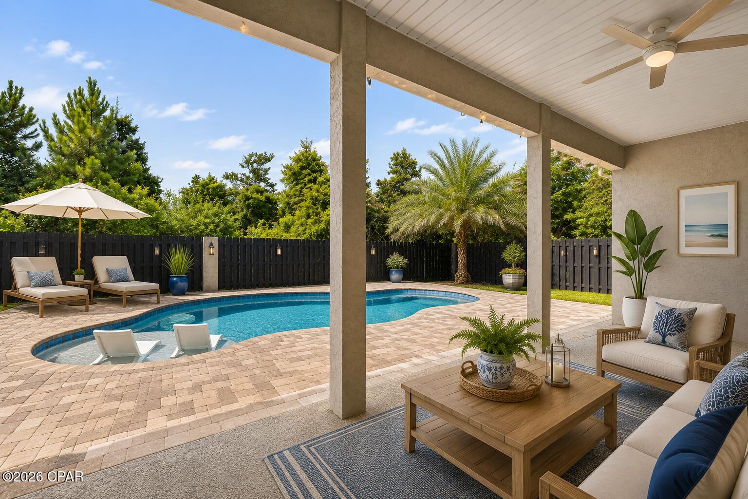 Welcome to this beautifully maintained 3-bedroom, 2-bath home in the desirable Magnolia Point at The Preserve! Offering comfortable single-level living, this home combines thoughtful updates with an exceptional outdoor retreat. Inside, you'll find a spacious living room centered around a cozy gas fireplace, a formal dining area, and a generous kitchen featuring a breakfast bar and adjoining breakfast nook, perfect for everyday living or entertaining. The oversized primary suite offers waterproof composite flooring, a large walk-in closet, an en-suite bath with a whirlpool tub and separate shower, plus private access to the backyard.
Step outside to your own private oasis featuring a stunning saltwater pool installed in 2021, a large covered patio, and a fully fenced backyard designed for relaxing, entertaining, or enjoying Florida's beautiful weather. Major updates provide peace of mind including a 2025 Hisense high-efficiency HVAC system, 2020 roof, 2020 gas water heater, 2025 pool pump, and numerous newer appliances including the refrigerator and range (2021), dishwasher (2024), washer (2025), and dryer (2021).
Conveniently located just minutes from the Navy base, marinas, shopping, dining, and the white sandy beaches of Panama City Beach, this move-in-ready home offers the perfect blend of comfort, convenience, and Florida living.