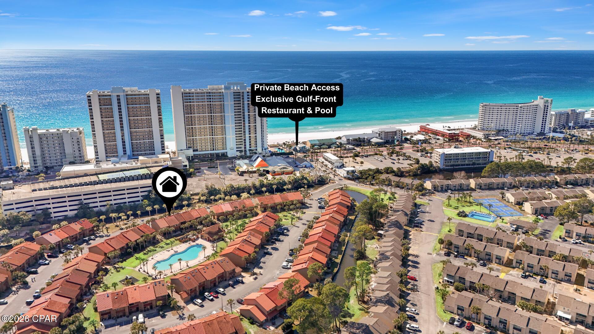Beach, Pool & Location, all in one!
Welcome to this rare Island unit, the largest floor plan in the complex, ideally positioned backing up to the community's largest pool with a canal view in front for added privacy. SEARCH on YouTube: ''For Sale 195 Grande Island Blvd in Gulf Highlands Beach Resort.'' for video tour. Located just a short 3-minute walk to the beach, this property offers an excellent combination of location and lifestyle. This fully furnished, turnkey townhome features 2 spacious bedrooms, each with its own full bath, making it ideal as a primary residence, second home, or short-term rental. Recent updates include brand-new LVP flooring downstairs, smooth ceilings (popcorn removed), and a metal roof installed in 2019. The unit also offers 2 assigned parking spaces directly in front. Situated in one of Panama City Beach's most desirable resort-style communities, residents enjoy convenient beach access, multiple amenities including 11 pools(5 heated), and a Gulf-front pool and restaurant. The community is known for its strong rental demand and one of the lower HOA fees in the area. VA and FHA approved.