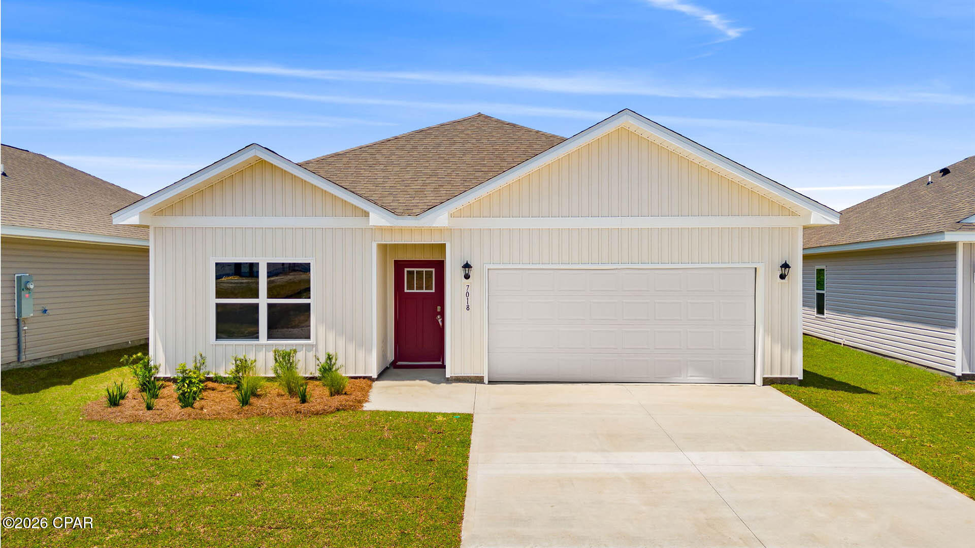 The Eldridge is one of our one-story floorplans featured in our Liberty community in Panama City, Florida. Featuring a front primary bedroom, 2 car garage, and open living room and kitchen, it is a cozy home designed for the first-time home buyer.

As you enter this 3 bedroom, 2 bath home, you will see 1,293 square feet of spacious, comfortable living. Inside you will see 9' ceilings throughout, engineered vinyl plank flooring throughout the main areas, and soft carpet in the bedrooms. Granite countertops, white cabinetry and a spacious open living room and kitchen make this home perfect for having guests over. The kitchen has a center island that is perfect for serving children and guests, a pantry, white cabinets with soft-close and stainless-steel appliances including a smooth top range, microwave, and dishwasher. Located right next to the dining area, this makes serving meals with ease. The primary bedroom has a spacious walk-in closet and large windows at the front of your home. The primary bathroom features a double vanity with granite countertops, white cabinets with soft-close, and a shower. The guest bathroom features a single vanity with granite countertops and a shower. Like every home in Liberty, this home comes with Smart-Home technology, using modern advancements to control your new home with ease.

On the outside of your home, you will see durable vinyl siding, a spacious two-car garage with an opener and a fully sodded yard to the property lines. This home comes equipped with dimensional shingles with a limited lifetime warranty, electronic deadbolts on all exterior doors, weatherproof outlets, and hose bibs. Sidewalks line the neighborhood streets for you to enjoy the beautiful Florida weather at Liberty.

Our Liberty community features underground utilities making it less susceptible to damage from severe weather leading to fewer outages and more reliable service. Residents of Liberty can enjoy exclusive access to two amenity centers, complete with two pools, a children's splash pad, two playgrounds for endless fun, a well-equipped fitness center, two pickleball courts and a basketball court to name a few things.

Come and see why the Eldridge is the perfect new home for you. Contact us today to find your home at Liberty!