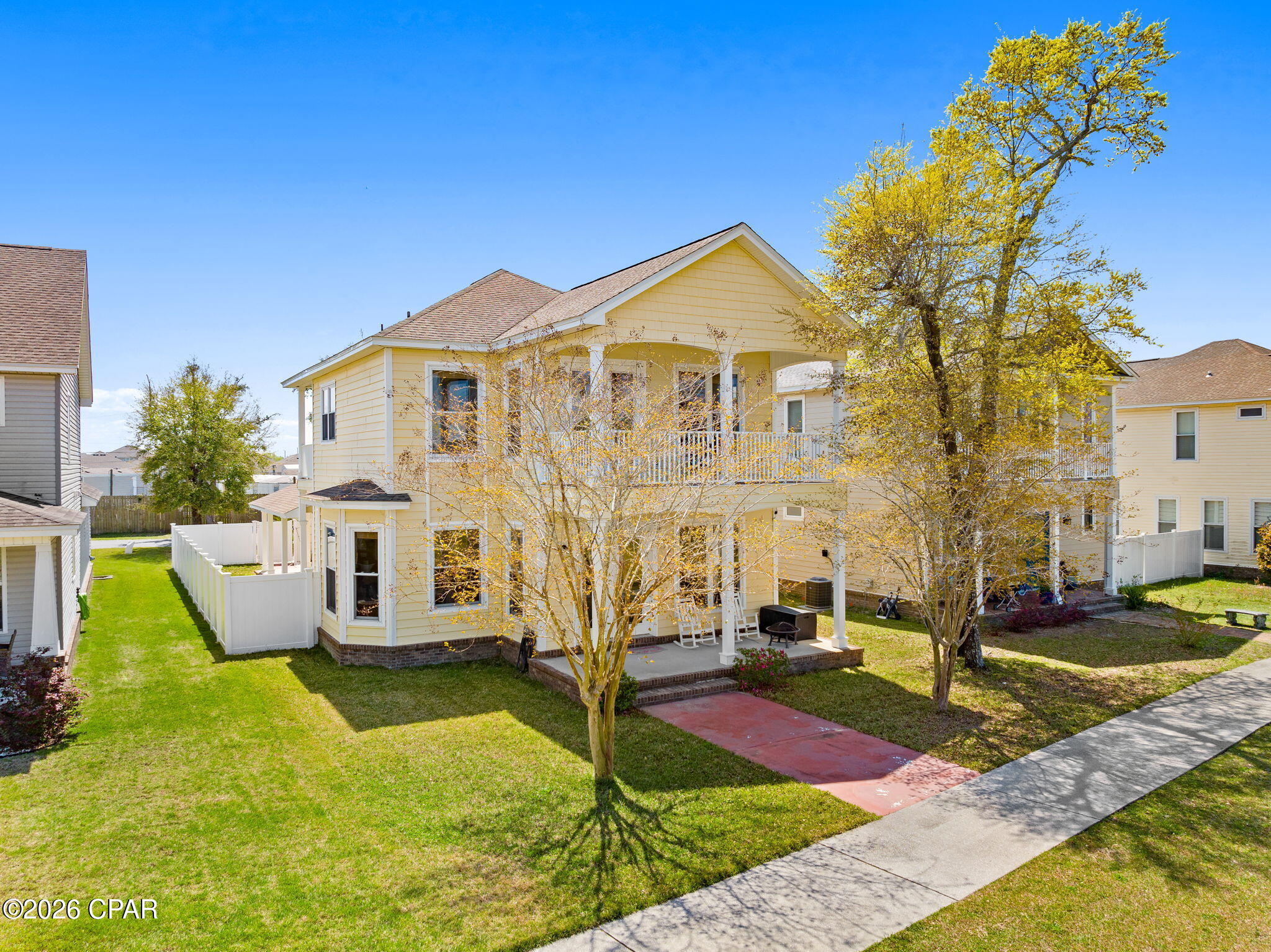 CURRENTLY UNDER CONTRACT, SELLER WILL CONSIDER BACKUP OFFERS Welcome to charming Riverside. This  custom home is a must see offering more than 3,100 square feet with many custom features including crown molding, recessed lighting, columns and arched entryways.

You enter the home through double French doors into a separate sitting area which flows into the open kitchen and large family room. The family room features custom built-in bookcases and columns. There is an abundance of natural light. Double French doors lead to the covered front porch and beautifully maintained green space.

The kitchen includes newer appliances, granite countertops, a backsplash, and a breakfast bar for more casual dining. Downstairs  you will also find a large bedroom and a full bathroom with a tub/shower combo. The laundry room offers built-in cabinets and a nice sized utility sink.

The staircase has been updated with LVP flooring. Upstairs you will find the primary suite with a large en suite bathroom and walk-in closet. Double French doors off the primary bedroom lead to a private balcony overlooking the green area. There are also two additional bedrooms and bathroom upstairs. 

The home features a detached garage as well as a covered walkway from the garage to the home.

Recent updates include a new vinyl fence, interior paint, two new AC units (2025), roof replaced (2019) & water heater replaced (2020). The carpets have also recently been professionally cleaned.

Riverside offers fantastic amenities including a community pool, clubhouse, basketball court, fitness center, dock, playground and large pavilion with picnic tables. Sidewalks line the neighborhood adding to the charm and walkability of the community. The neighborhood is walking distance to popular North Bay Haven Charter Academy and a short drive to Bay Haven Charter Academy. 

Schedule your appointment today to see all this home has to offer. The home includes a gas fireplace that is not currently connected and would require a tank. Please verify all information deemed important