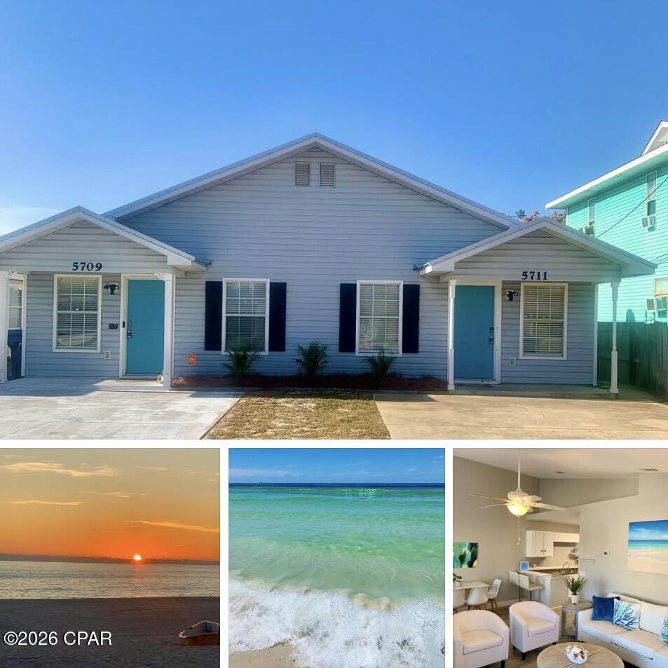 Turnkey Beachside Investment Duplex. Income-Producing,Fully furnished, and just steps to the sand! This totally remodeled beachside duplex consists of 2 bedrooms and 1 full bathroom on each side. From the newer metal roof to luxury vinyl plank flooring, newer baseboards, interior paint, modern furnishings, new washer & dryer in 5709 side, down to Keurig machines- everything is included on each side.  The vaulted ceilings create an open feel. Unit 5711 is leased through Sept.1, 2026 and lease must be honored, providing guaranteed cash flow! Totally turnkey, low maintenance and just steps (2-min. Walk) to the beach- Ideal for Airbnb, vacation living, or both. Strong rental history & excellent STR opportunity! Don't Wait- Capture prime beach rental season immediately!!