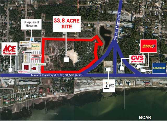 One of the best retail development sites available in northwest Florida. The 33.38 acre site is located at the Northwest quadrant of Navarre Parkway (a/k/a U.S. Highway 98) and Highway 87 South - adjacent to the Shoppes of Navarre, the Publix-anchored shopping center, is located on the west side of the subject site. This is an ideal power-center site that will attract national big-box tenants, in-line tenants and outparcel sales and/or leasing. Combined average daily traffic count is 52,000 cars per day. The site is comprised of two parcels (20-2S-26-0000-01701-0000) and (17-2s-26-2750-070000-0030). PROPERTY TO BE SOLD ''AS IS''.