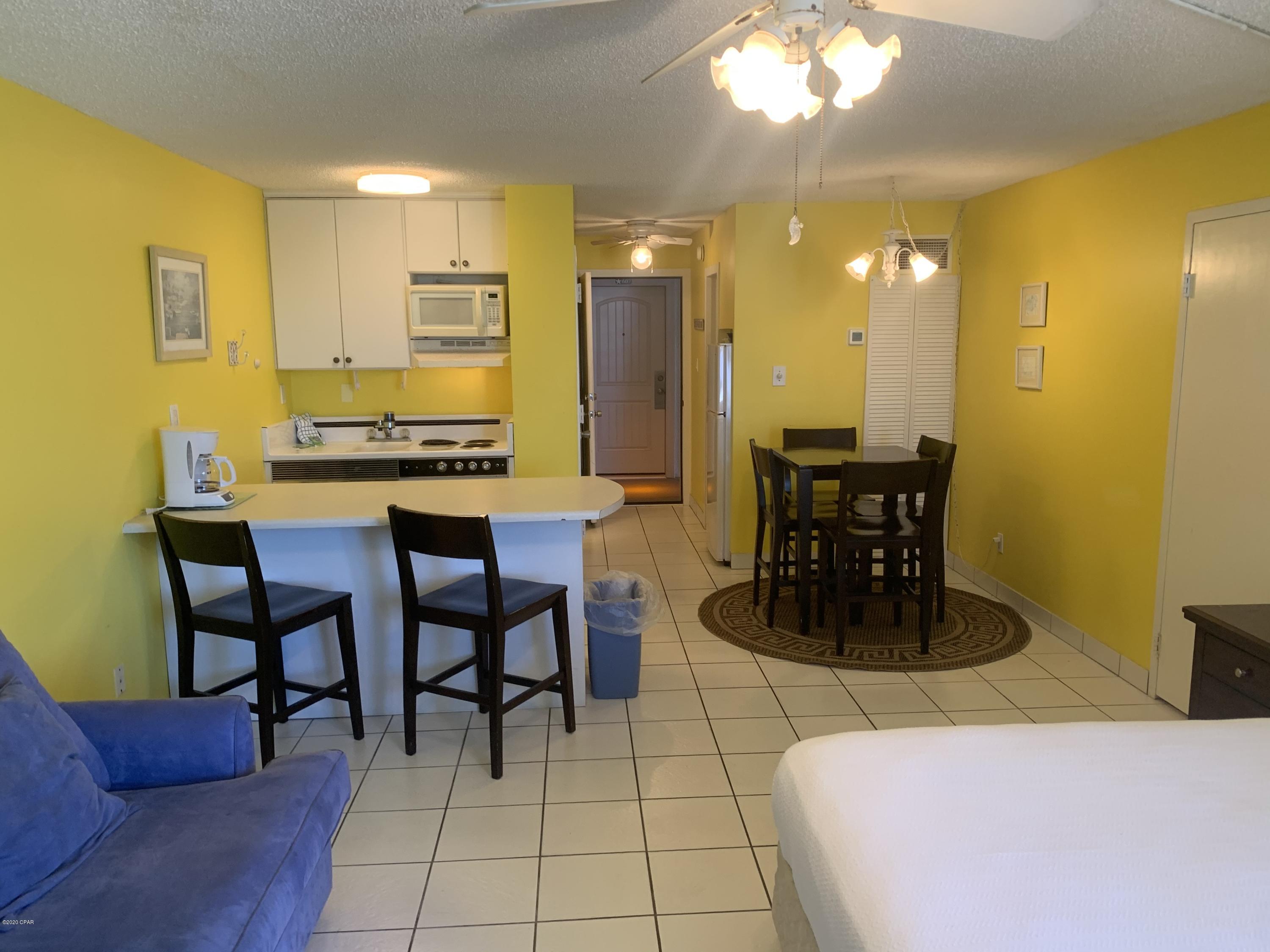 Spacious Studio floor plan with The unit features a Kitchenette, Dining Area, Full Bathroom, Queen Bed and Living Space. Amenities include huge Beachfront Swimming Pool, Kiddie Pool, Poolside Snack & Tiki Bar, Internet Lounge, Game Room, BBQ & Picnic Area, Shuffleboard, Fitness Center, convenient 6th floor Laundry Room. Low Association Dues include Beach Access, Amenities, Cable TV, Internet, Parking, Water/Sewer and more! Easy building-side parking lot. Close to Dining, Shopping, Entertainment. A terrific beach getaway and rental investment all in one!