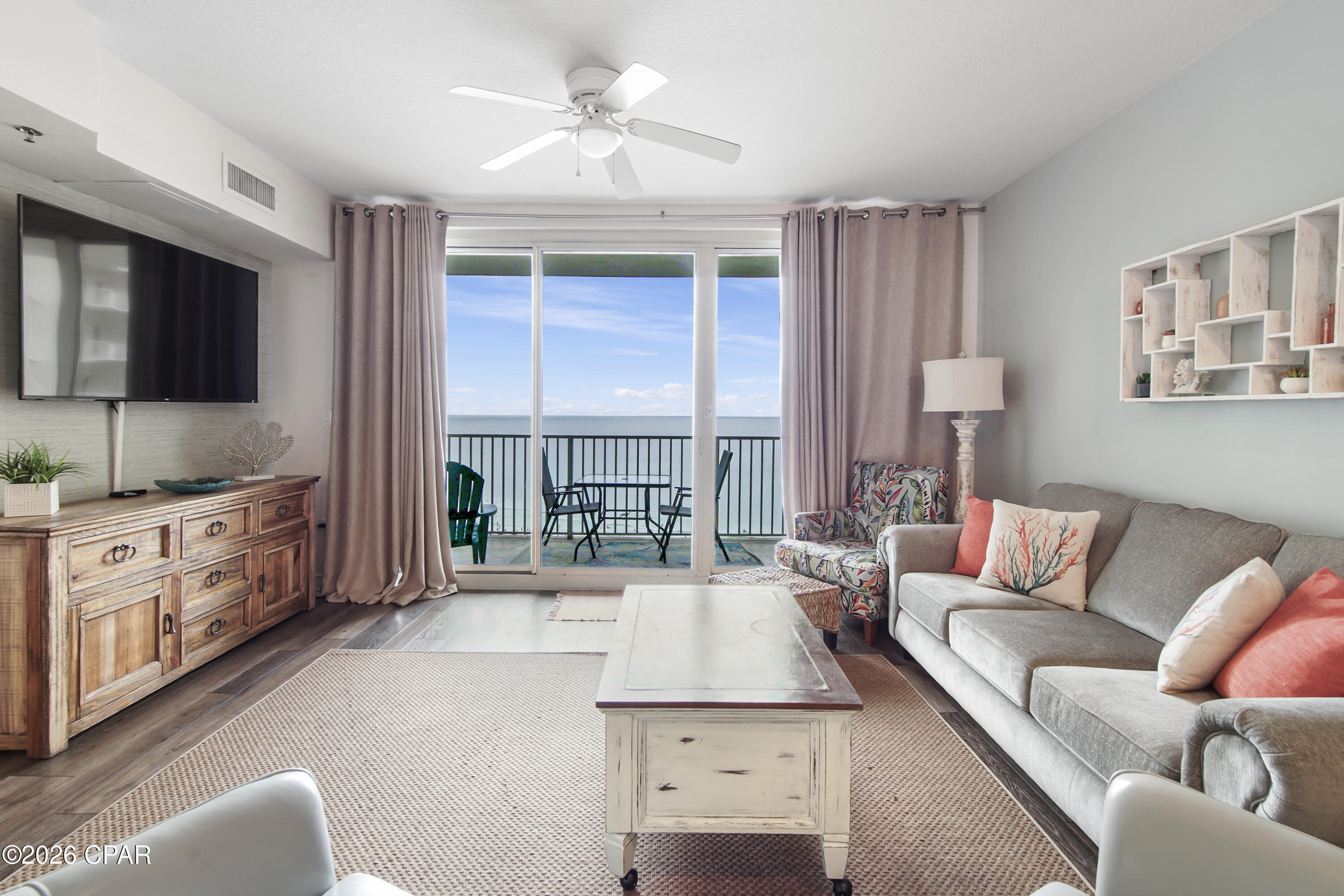 Now is your chance to own a slice of paradise in the highly sought-after Shores of Panama resort. This immaculate, rental-ready ''C'' floor plan features 1 bedroom, 2 full baths, and a private bunk room--comfortably sleeping up to 6 guests. Designed to impress, the condo boasts a Gulf-facing primary suite and a large balcony overlooking the spectacular lagoon-style pool. Offered fully furnished with tasteful, pristine decor, this turnkey property is ready to generate income or serve as your personal beach getaway from day one. Bonus: This unit includes a highly coveted deeded parking space. Unmatched Resort-Style Amenities Include: Massive 14,000+ sq. ft. lagoon pool & hot tub, Heated indoor pool  and hot tub for year-round enjoyment, On-site tiki bars & dining. Prime beachfront access right on the Gulf. Don't miss out on this incredible investment or vacation home--schedule your showing today!