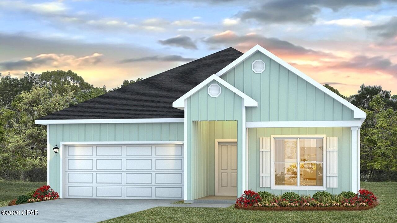 Welcome to 245 Dama Del Mar Way, a new home under construction at Caballeros Estates at Hombre in Panama City Beach, Florida. This home has four bedrooms, two full bathrooms and a single car garage. As you enter this home you will find a bright entry with EVP flooring throughout the home. The foyer leads to the spacious living area that is designed for comfortable living. In the open concept living area you will find the kitchen with a center island that has space for seating.

The kitchen has quartz countertops and white cabinetry for all your storage needs. A corner pantry allows space for your dry goods and small appliance storage. An appliance package is included with a stove, microwave and dishwasher. The primary bedroom is located off the living area it features EVP flooring, trey ceilings with a ceiling fan and an ensuite bathroom. The primary bath has a dual sink vanity with quartz countertops and lower storage drawers and cabinetry. There is a separate shower and soak tub as well as a large closet for your wardrobe needs.

Each guest bedroom has EVP flooring and ample closet space. A shared bathroom has a vanity with quartz countertop and lower cabinetry for storage. Outside this home you will find a landscaped entry, 30-year dimensional shingles, and Hardie® exterior.