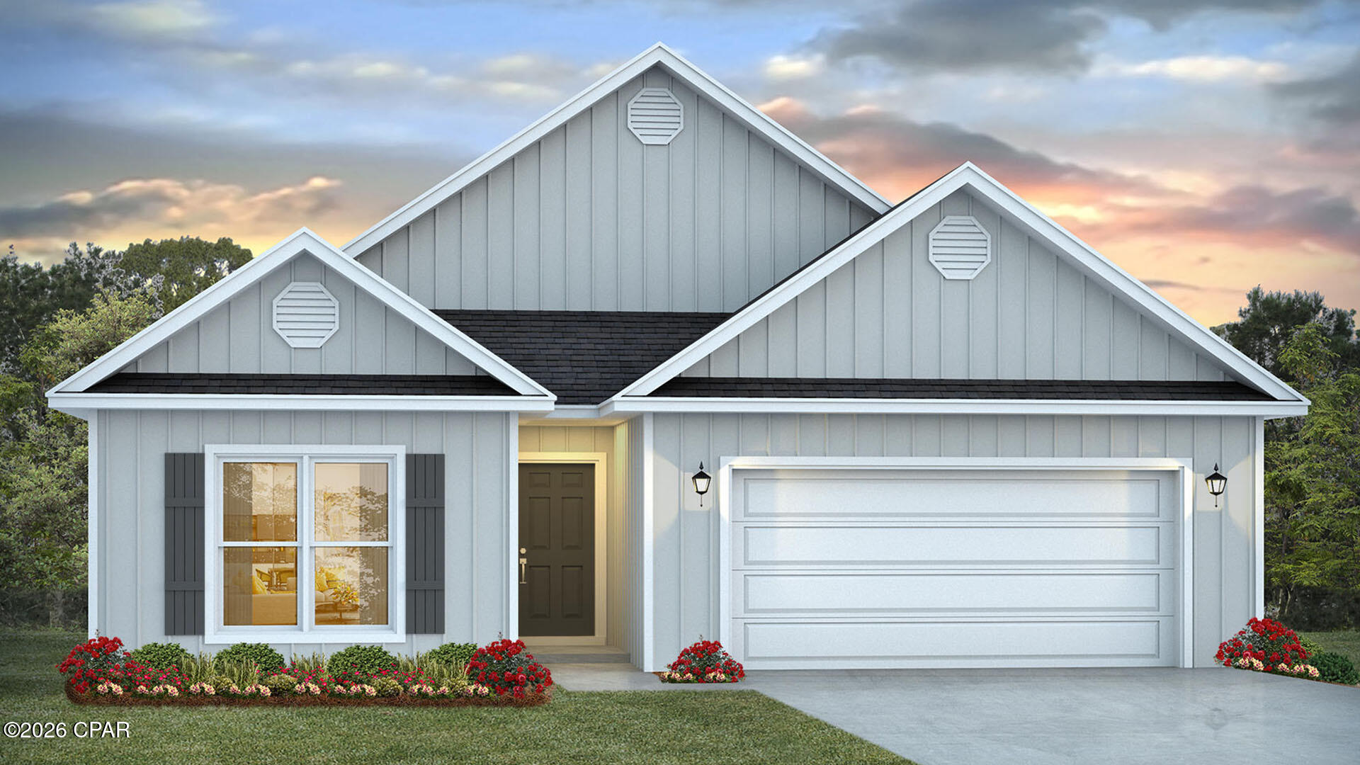 Welcome to 585 Hancock Way at Bayside at Ward Creek in Panama City Beach Florida. This home is under construction and features the Delray floorplan. As you walk into the home you will find two bedrooms off the entry hall with a full bath in between. The laundry room located across the hall is spacious and offers space for storage if needed. There is a fourth bedroom that could serve as an office space/ flex room/ bedroom next to the laundry room. The heart of this home is the spacious living area that is open to the kitchen. 

This floor plan flows seamlessly with beautiful EVP flooring throughout the main living areas and carpet in each bedroom. The kitchen is equipped with brand name stainless appliances including a smooth top stove, microwave, and dishwasher as well as a center island with lower cabinetry. The beautiful white cabinetry compliments the elegant quartz countertops and offers a bright feel to this spacious home. 

The primary bedroom is located at the back of the home offering a private retreat and it features an ensuite bathroom with EVP flooring, quartz countertops and beautiful white cabinetry. The bathroom is designed with two spacious closets, a large shower with glass enclosure and a dual sink vanity.