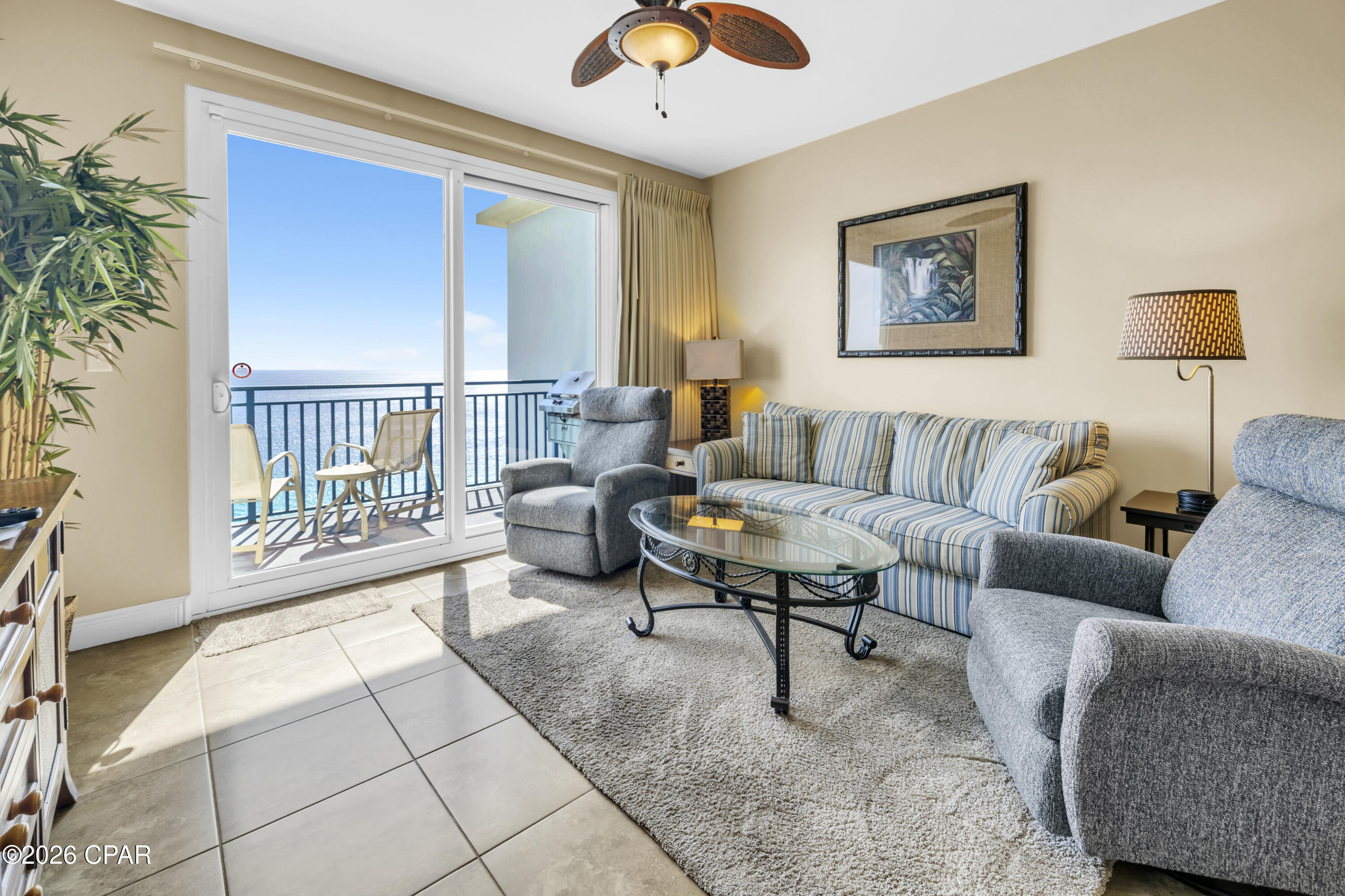 Enjoy forever Gulf views from this stunning penthouse condo at Sterling Breeze, a luxurious beachfront resort located just 1/2 mile west of Pier Park. This exceptional residence captures the essence of coastal living with sun-splashed days of swimming, biking, and relaxing, all while offering the ease and convenience of condo ownership. Designed to live like a beach house, this spacious 1,447 sq. ft. floor plan features 2 bedrooms, 3 full bathrooms, and a bunk room, allowing it to live and rent like a true 3-bedroom--an outstanding value with excellent rental income potential. Offered fully furnished and rental-ready, the condo showcases durable 18-inch ceramic tile flooring, 9' ceilings, and an efficient layout that maximizes breathtaking Gulf and sunset views from the balcony, living room, dining area, kitchen, and even the master suite. Immaculately maintained, this residence provides the perfect setting for alfresco dining and entertaining, with a private balcony ideal for unwinding after a day in the sun. Sterling Breeze is a low-density, upscale boutique development with only 145 units and just seven units per floor, featuring an architecturally distinctive design. Amenities include a heated overflow-edge pool and spa, state-of-the-art fitness center, poolside internet café and wine bar, natural stone gas fire pit, seasonal beach service, and covered parking. The HOA offers a unique and highly advantageous structure, as the association owns all commercial spaces within the building. This allows the HOA to generate rental income that offsets expenses, with approximately one-third of the annual budget funded from non-owner sources--helping keep condo fees more favorable. Additionally, the association is in an enviable financial position with fully funded reserves and over $1 million in operating cash, providing stability and peace of mind for owners. Experience the good life at Sterling Breeze, where luxury, location, and income potential come together on the Gulf. Schedule your private showing today!