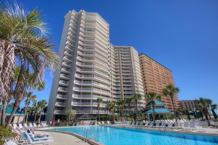 'Gulf Front'' Beautiful Large Deluxe 2BR 2BA 1286 sq. ft.  fully furnished condominium added bonus comes Garage Space.  Tile flooring throughout and bedrooms have carpet. Fully equipped Kitchen w/breakfast bar. Wonderful Gulf Front views from large balcony, you can see the beach and 1 of 3 pools, great for *Relaxation*. Condo has updated cabinets, counters, closet doors, freshly painted including retextured ceilings, new shower in Master Bedroom, sliding doors and windows just to mention a few.  Rental ready for investment or great second home. Dunes of Panama has 3 pools, clubhouse, tennis, pickleball, shuffleboard, fitness room, Snack shop and a place to grill. All dimensions are approx.