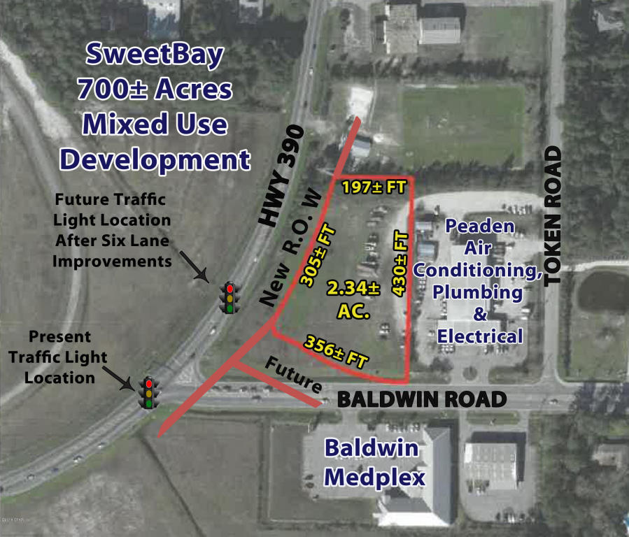 2.34± AC located on the NE Cor. of Hwy 390 And Baldwin Rd.  305± Ft. on Hwy 390 and 356± Ft. on Baldwin Rd. Zoned Gen. Comm. (C-2)(City of PC). Water & Sewer Available (City Of PC). This site is located across Hwy 390 from the 700± AC SweetBay Mixed Use Comm. and 3,200 Unit Res. Dev. The 1st Phase for a Charter School (University Academy) and Infrastructure for Res. Homes is complete with 130± homes sold and under construction. The present intersection will be removed and the traffic light will be relocated with the new intersection, improvements are being completed from 2 Lanes to 6 Lanes. Const. began Aug. 2017 with scheduled completion Oct. 2019±.  Buyer should confirm all information concerning site, dimensions and rely solely on their findings.