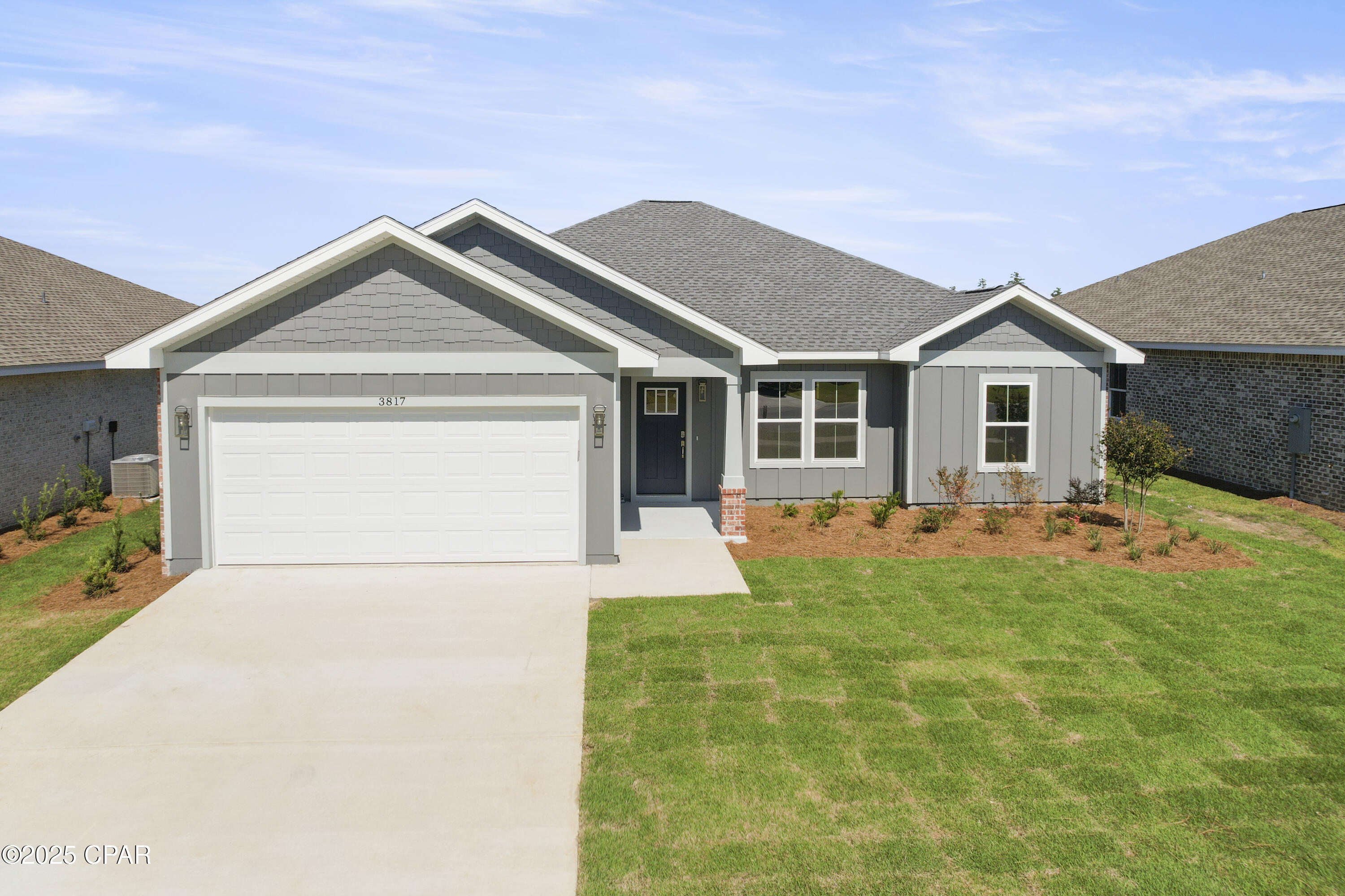 SPECIAL PROMOTION ON THIS HOME ONLY: *All* Closing Costs Paid by Builder! Must be acceptable offer using preferred lender and be under contract by 5/31. Built by Southern Coastal Homes, a trusted local builder known for solid construction and efficient floor plans, this home is located in the Game Farm community in central Panama City. The neighborhood offers wide homesites, three-sided brick homes, natural areas, ponds, and planned green spaces. The home features durable, high-quality materials and upgrades, including three sided brick construction, Hardie board siding, a tankless gas water heater, 9-foot ceilings, recessed lighting, a gas range, refrigerator and a gas line for an outdoor grill. The yard is fully sodded with an irrigation system. The layout is practical and functional, with vaulted ceilings in the living room and a tray ceiling in the primary bedroom. The primary bath includes double vanities, a walk-in shower with glass door, and a large walk-in closet. Additional features include a garage utility sink and cable TV outlets in all bedrooms plus outdoor porch. Move-in ready. Buyer to verify all important information.