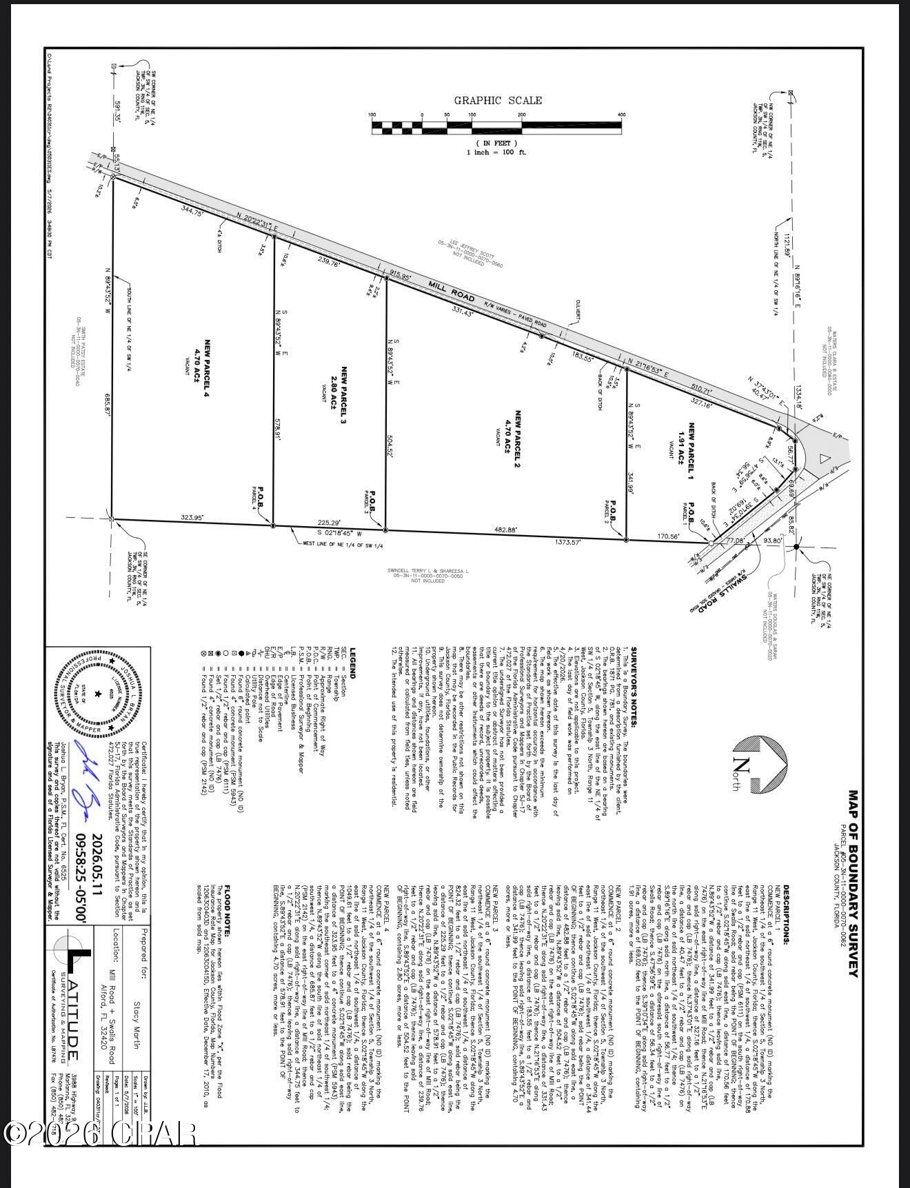An opportunity to own a 4.70-acre tract identified as Parcel 2, carved from a larger parent parcel in Alford, Florida. This parcel is to be sold as a separate tract, with boundaries and legal description defined by a final plat. An existing survey accompanies the offering to streamline due diligence. Situated in a rural setting, this flexible property can accommodate single family, agricultural, recreational, or other uses that comply with local zoning .
