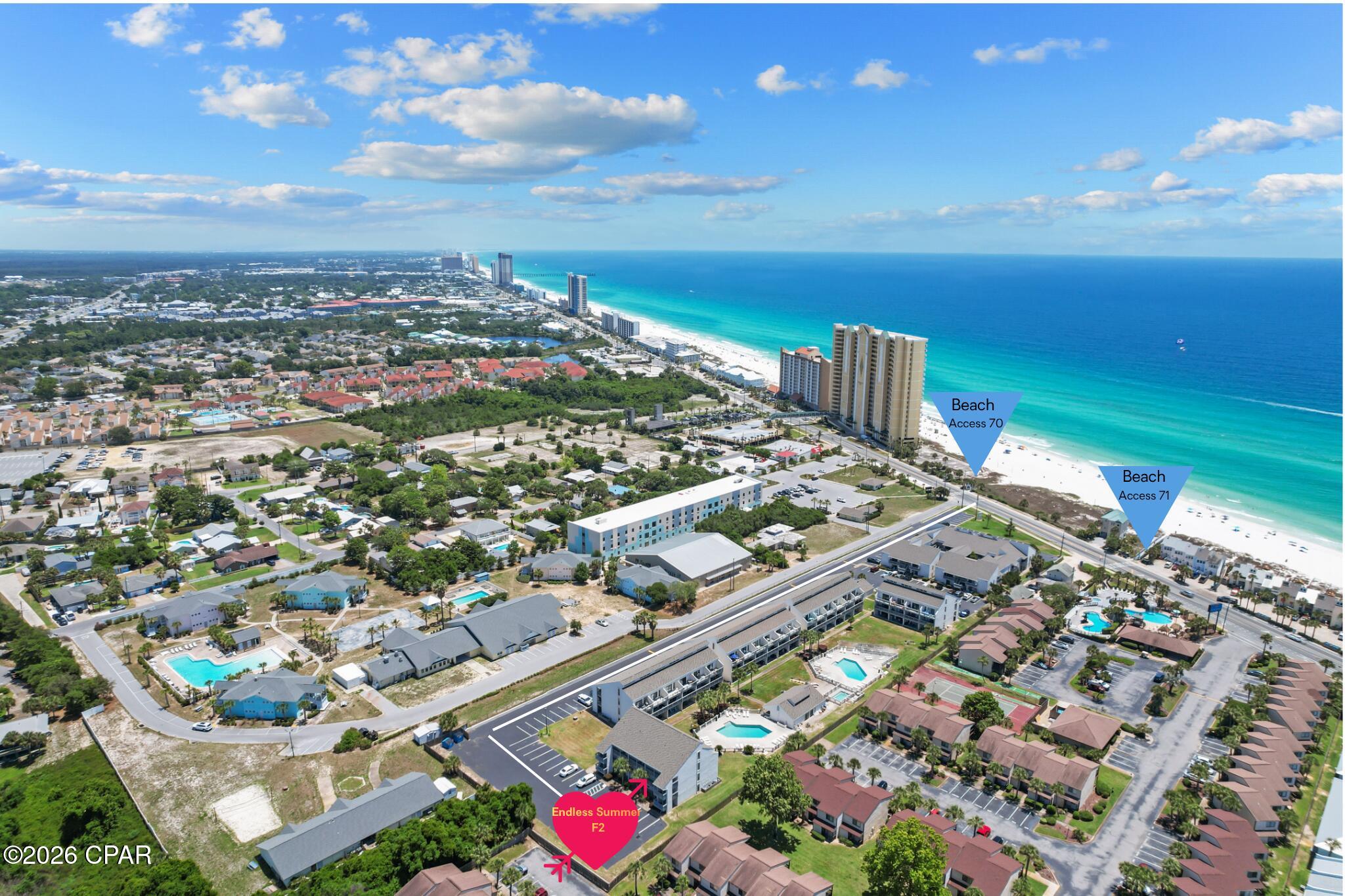 BEAUTIFUL GROUND FLOOR UNIT -- PATIO is steps away from THE NORTH POOL! Endless Summer Condo, ideal location on the peaceful West End of Panama City Beach, with one of the lowest HOA fees on the beach! Amenities include a clubhouse, two community pools, hot tub, grills, pet area, pickleball, shuffleboard, and plenty of parking -- all within a fully fenced, low-rise complex with no elevators and a relaxed residential feel. Turnkey furnished and already listed with a property management/rental company -- ready to generate income on day one. Whether as a homestead, vacation home, second home, or investment rental, this unit qualifies for most Financing and Veterans looking to Homestead may be able to use the Veterans Administration VA home loan (verify with local lenders). Just minutes from the famous Thomas Donut & Snack Shop, Pier Park, Frank Brown Park, TopGolf, Pirates Voyage, and two Beach Access points: Beach Access 70 & 71-- directly across the street. All info approx.; buyer to verify everything deemed important. Endless Summer is fenced with only 1 access point and this unit is at the very end for limited traffic and privacy.  Call today and see why Unit F2 is the one you have been looking for!