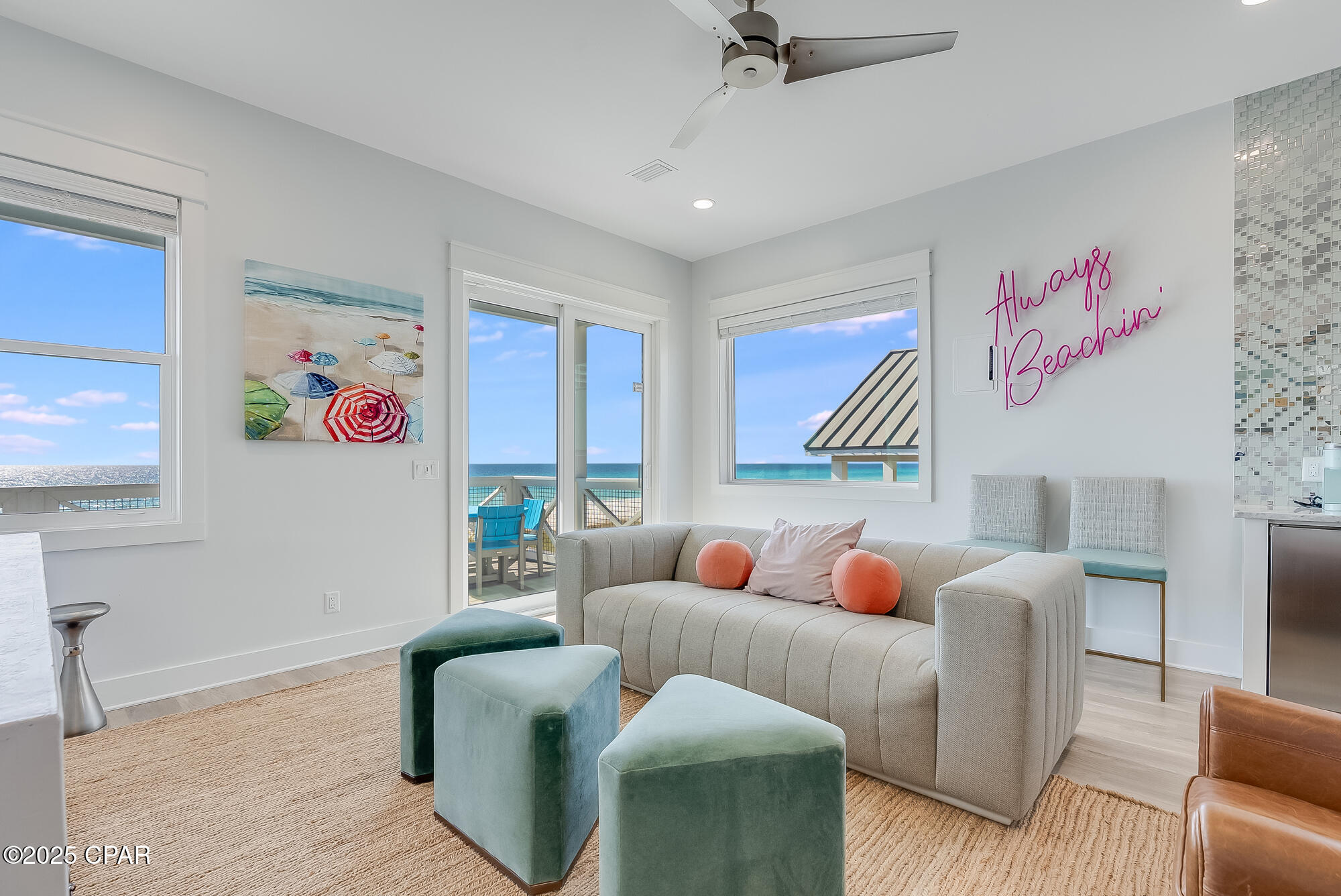 MASSIVE $100K PRICE REDUCTION! Gulf-front living at its finest! Fully renovated in 2023, this 5-bedroom, 4-bath beachfront home sits on the ever so popular shores of Panama City Beach, seamlessly blending modern comfort with timeless coastal style. Luxury vinyl plank flooring extends throughout, complemented by custom-tiled bathrooms, high-end furnishings and a contemporary kitchen outfitted with stainless steel appliances and sweeping water views—also enjoyed from the spacious upstairs bonus living area.

The bonus space features a wet bar, mini fridge, and ice maker, making it the perfect spot for relaxing or entertaining.


Enjoy breathtaking sunsets from two Gulf-facing decks, one on each level, or take your private beach walkover straight to the sand. The exterior features an outdoor shower, a paver driveway with supplemental oyster-shell parking, and a turfed side yard ideal for games like cornhole. The 2-car garage has been transformed into a game room with shuffleboard, ping pong, and foosball. Additional features include an Avien tankless water heater, extra refrigerator and a mini-split AC system for the game room.

This home is offered fully furnished, showcasing premium indoor pieces from Bernhardt and Tiffany & Co. and durable, outdoor furnishings from Seaside Casual. Whether you're seeking a primary residence, a second home, or a high-performing vacation rental, this Gulf-front retreat delivers comfort, style, and coastal living.