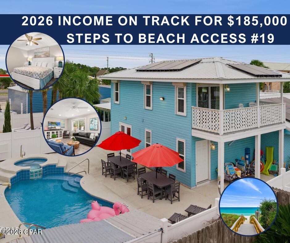 ***2025 RENTAL INCOME:  $175,000
***2026 BOOKINGS AT $172,000 YTD AND ON TRACK FOR $185,000

This beach house has it ALL! Sleeping up to 24 people across 6 bedrooms and 2 sleeper sofas, this is the perfect memory-making personal vacation home, generously-sized private beach residence, or lucrative short term rental investment. Whether you are accommodating multiple generations vacationing together or a group of friends for a quick trip to the beach, the possibilities are endless. Come see for yourself!  

HIGHLIGHTS INCLUDE:
 --One house away from public beach access #19
--Private heated pool and hot tub
--Gulf views from upstairs balcony
--Great outdoor entertaining space
--4 of 6 bedrooms on the first floor 
--4 full baths
--TWO bunk rooms (one up, one down)
--Fully furnished and seats up to 20 for dining
--Parking for up to 6 vehicles
--Large laundry with storage
--TWO living areas
--Full kitchen PLUS kitchenette
--Solar panels to reduce electricity expense
--Low maintenance metal roof

Ask your realtor for the AirBNB link and the FACTS AND FIGURES on this property year to date.  Walkthrough video available in PHOTOS or tour in person.  

See the walkthrough video attached to this listing, and ask your agent for the Airbnb link as well.

Thank you for your interest. We look forward to your offer!