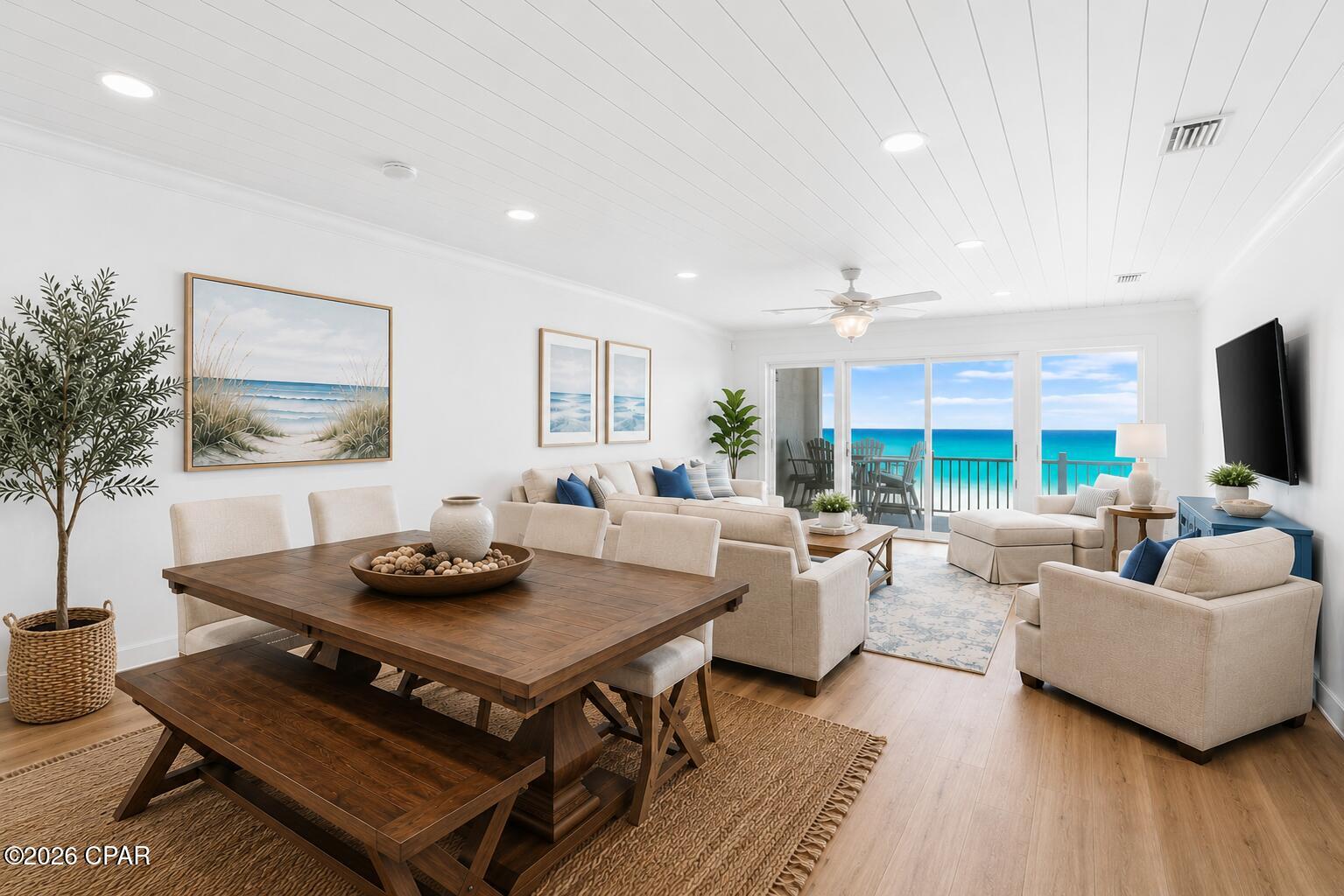 Experience true Gulf-front living in this beautifully updated 3-bedroom, 3.5-bath townhome, complete with a bonus/bunk room and a separate studio suite (ideal as a mother-in-law suite or lockout unit). Perfectly positioned directly on the Gulf, you can step from your private deck onto the sugar-white sands and emerald waters--your ultimate coastal retreat.
This property has been extensively renovated with high-quality upgrades throughout. Exterior improvements include all-new Trex composite decking and upgraded railings (2025), expanded porches, added privacy walls on the first and second floors, and new windows and doors on all three levels. Interior updates feature LVP flooring throughout, KraftMaid cabinetry, quartz countertops, and a full suite of stainless and built-in appliances, including a Sharp dishwasher, drawer microwave, refrigerator, LG oven, and Hisense beverage fridge.
Major systems have also been updated for peace of mind, including a new roof (2021), electrical panel (2023), complete plumbing replacement, new hot water heater, and updated HVAC system with new ductwork. The lower-level studio has been fully renovated with new sheetrock, quartz countertops, a kitchenette, Murphy bed, private living space, and its own mini-split A/C--perfect for guests or rental flexibility.
Inside, you'll find light-filled, coastal-inspired interiors with neutral tones and custom finishes throughout. Multiple Gulf-front decks provide both covered and open spaces to relax, dine, and entertain while enjoying breathtaking sunsets year-round.
Lovingly maintained as a personal residence and never rented by the current owner, this townhome offers a rare opportunity for a pristine beachfront property ready for your personal touch or creative investment vision.
Conveniently located just minutes from Pier Park, Dolly Parton's Pirate Voyage Dinner & Show, Topgolf Panama City Beach, as well as local dining and shopping.
Offered fully furnished and truly move-in ready--schedule your private showing today and start living the coastal lifestyle you deserve.