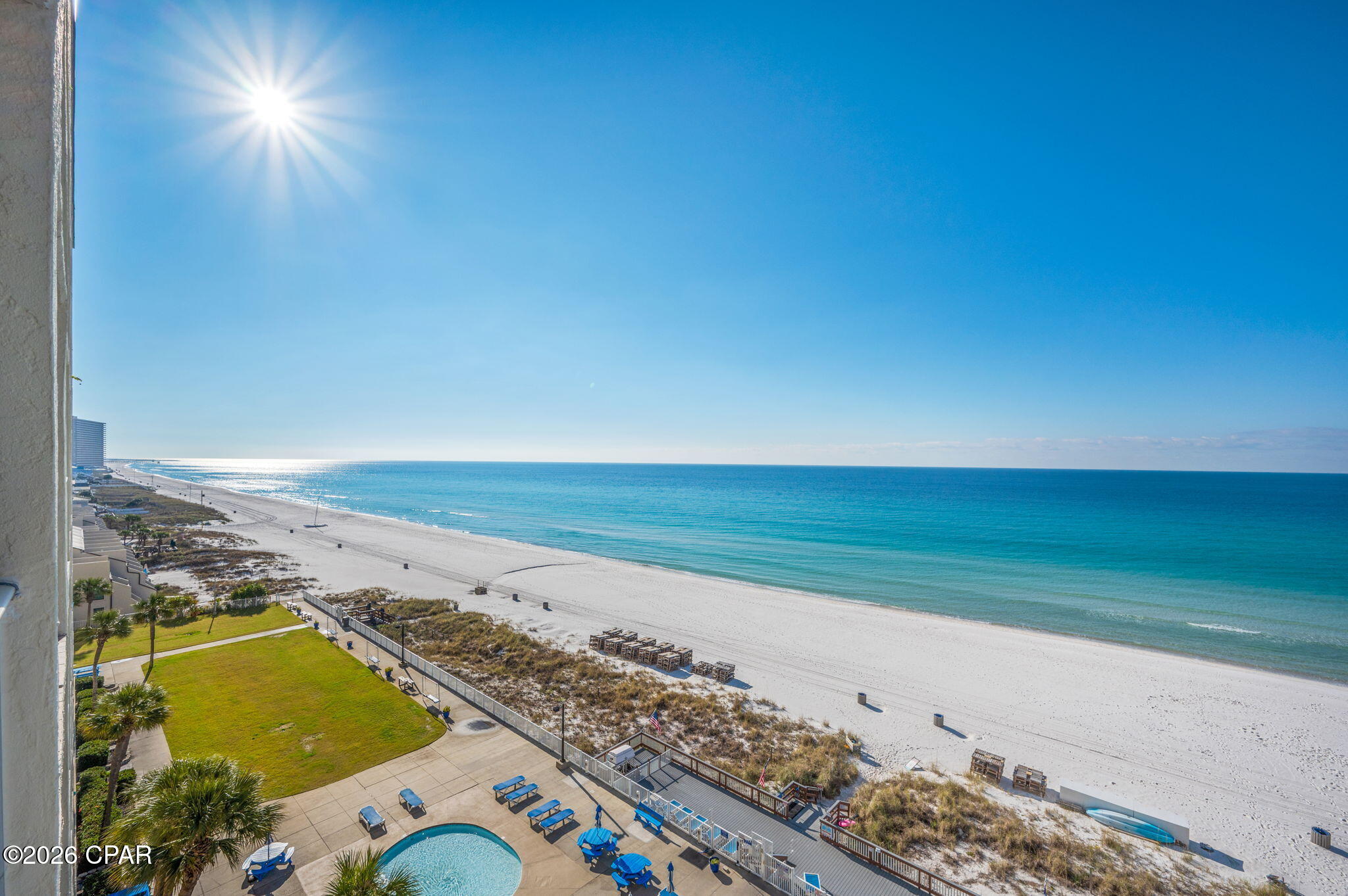 OPEN HOUSE! FRI. 3/6 FROM 10AM-1PM. Experience effortless beachfront living in Regency Towers Unit 814, a beautifully updated 2-bedroom, 2-bath Gulf-front condo on the desirable east end of Panama City Beach. Located on the 8th floor, this residence welcomes you with sweeping shoreline views and a bright, open layout designed for coastal comfort. The modern kitchen features quartz countertops, soft-close cabinetry, and a clean, contemporary design that flows into the spacious living area. Large sliding glass doors frame the Gulf and open to your private balcony--an ideal spot for enjoying morning coffee, sunsets, and the sound of the waves. The Gulf-facing primary bedroom offers direct balcony access and an upgraded en-suite bathroom with a tiled walk-in shower.

A second bedroom and full bath provide comfortable accommodations for guests or family, with plenty of flexibility for personal style and use.
Regency Towers offers an impressive array of amenities, including two beachfront pools, a hot tub, fitness center, game room, picnic and grilling areas, and direct beach access, all within a gated community with 24-hour security.
Conveniently located near St. Andrews State Park, marinas, popular restaurants, and local attractions, this condo delivers the perfect blend of coastal living, comfort, and convenience on the Emerald Coast.