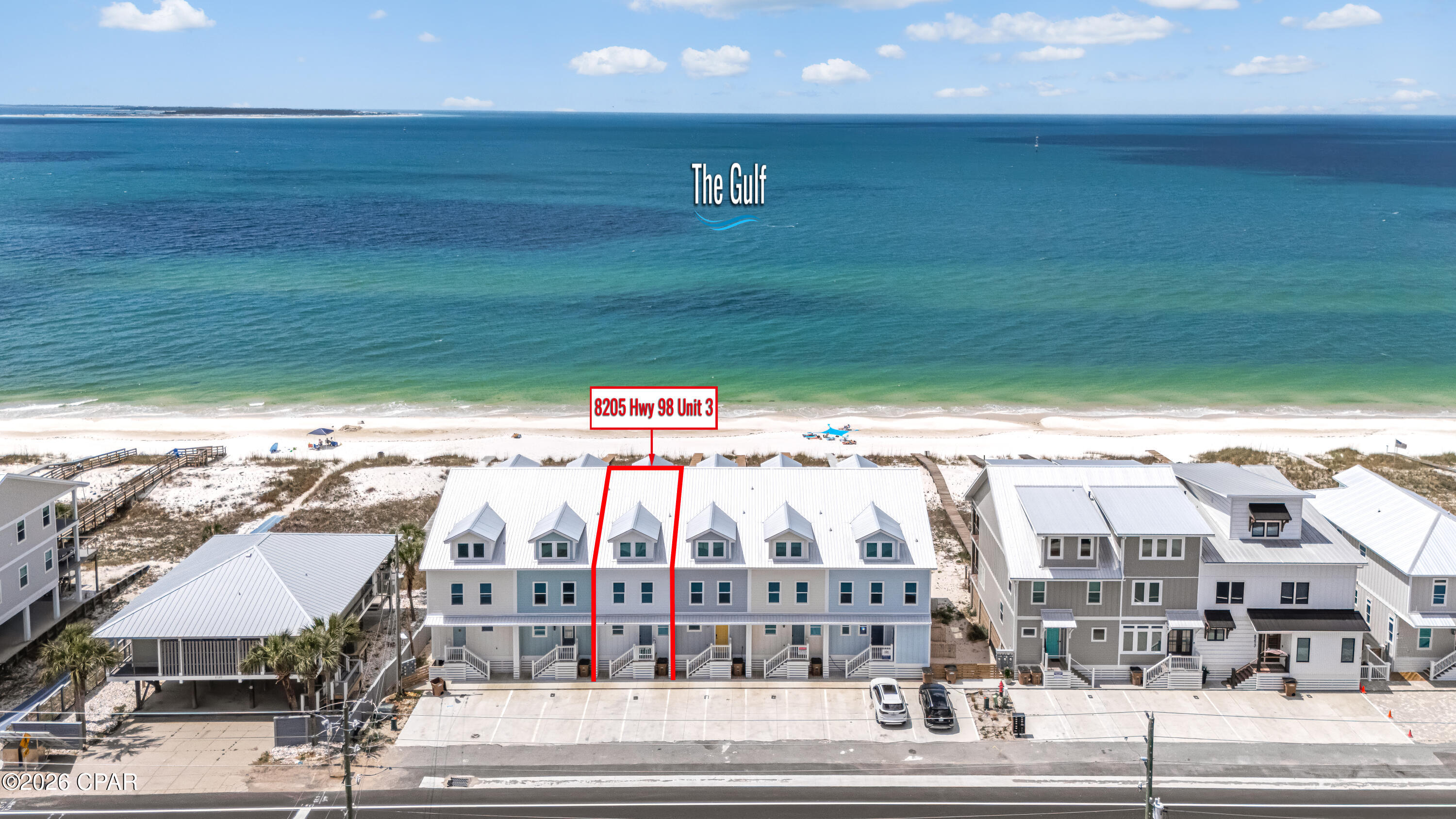 Your Dream Gulf Front Retreat Awaits! Experience the ultimate coastal lifestyle with this stunning gulf front townhome located in the highly desirable St. Joe Beach and Mexico Beach area. More than just a townhome, this property serves as your gateway to living the dream on the Gulf Coast. This townhome features 3 bedrooms & 3.5 bathrooms, offering a generous 2232 sq. ft. of thoughtfully designed living space. The top floor loft provides ample space for a bedroom, sitting room and bunks, perfectly suited for relaxation or accommodating guests. Enjoy direct access to pristine white sand beaches via a private boardwalk through the dunes.  The residence includes two spacious decks - one for entertaining and another off the owner's suite-idea for watching the sunset or enjoying your morning coffee while taking in the ocean breezes.  Large area ground floor complete with outdoor hot and cold shower and enough room for a tot tub/pool or add outdoor furnishings for additional space to entertain and view spectacular sunsets and the waves of the gulf. Why St. Joe Beach? You're getting the best of both worlds - the tranquility of a less crowded beach community with easy access to all the amenities you need, and the beaches are pet friendly.  The photos are beautiful, but nothing compares to standing on the deck, feeling the gulf breeze and imagining your life unfolding in this coastal paradise.  If you're ready to live on the beach, come and look at the townhome, and make it your own to enjoy with your family and friends.  See virtual link on listing.  Impact windows and doors, private beach walk.  On rental program, ''Beachfront Oasis''.